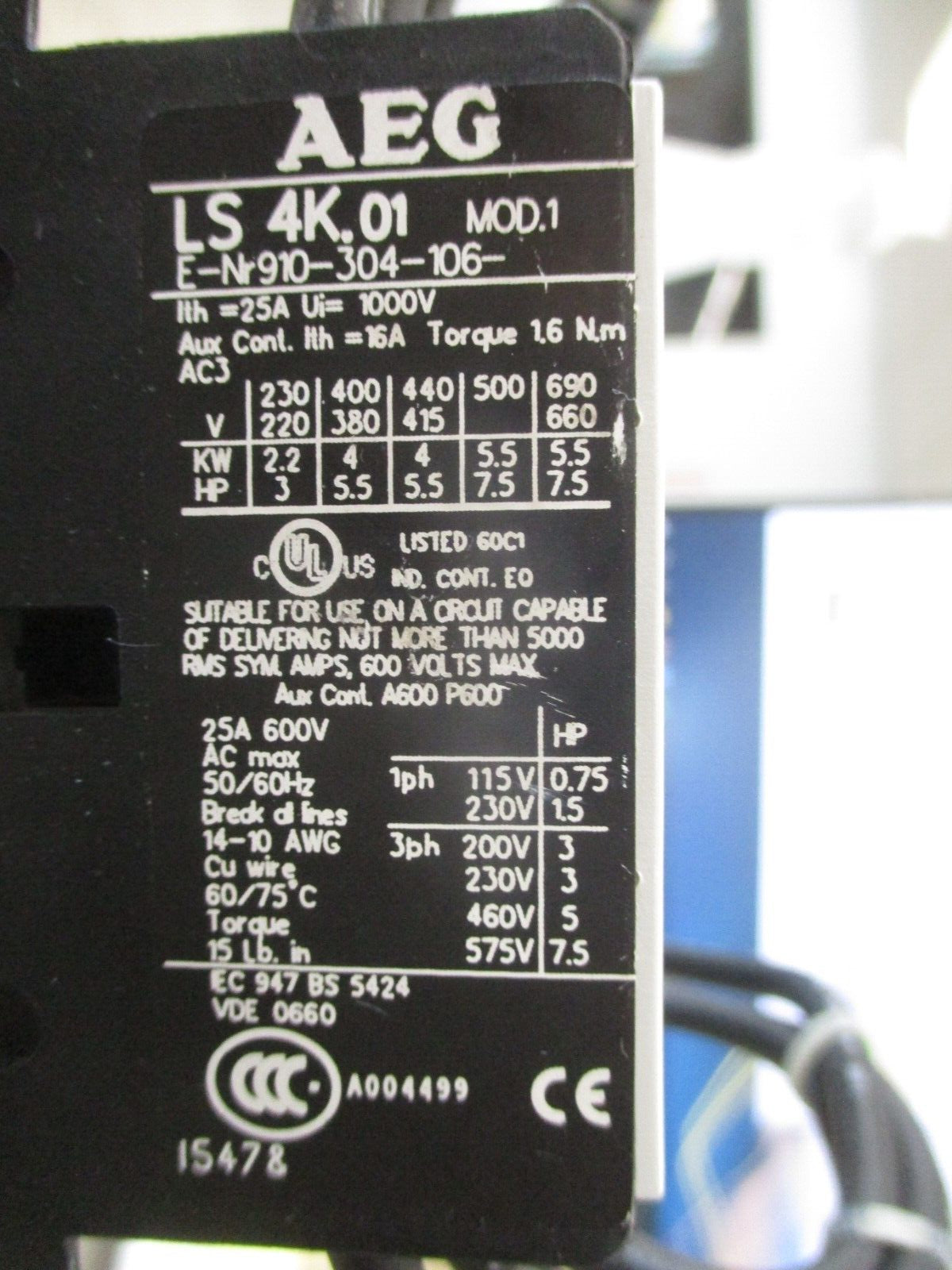 AEG Reversing Contactor LS 4K.01 48VDC Coil 25A 600V Used