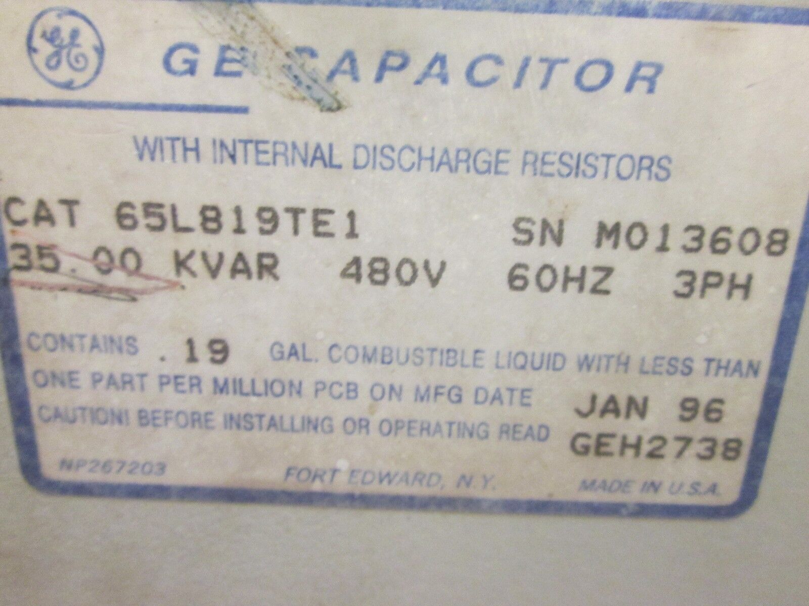 GE Capacitor 65L819TE1 35 KVAR 480V 60Hz 3Ph Used