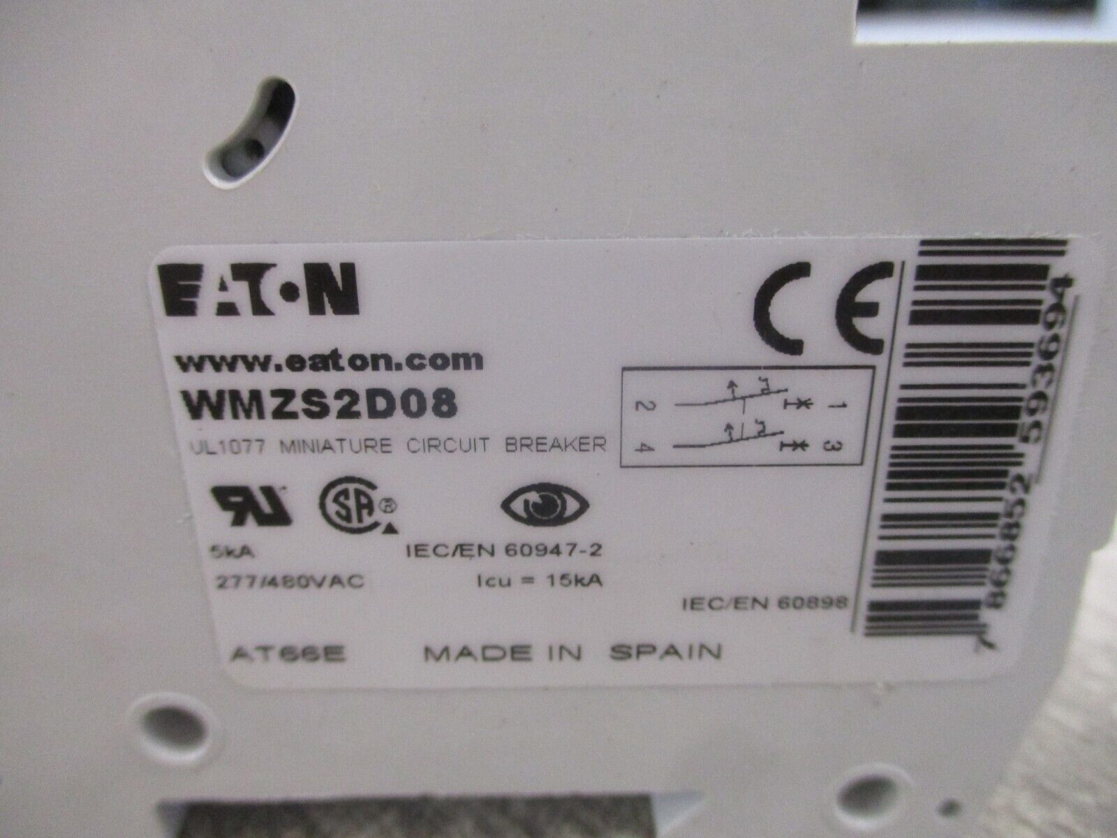 Eaton Circuit Breaker WMZS2D08 8A 277/480V 2P Used