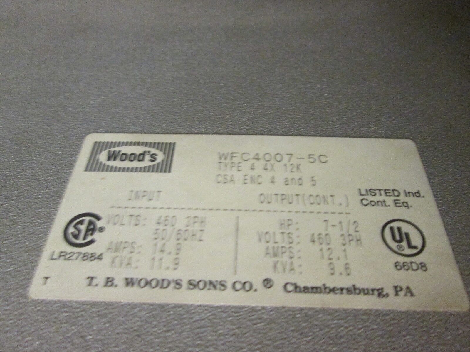 TB Wood's AC Drive WFC4007-5C 7.5HP Used - missing (2) cover screws