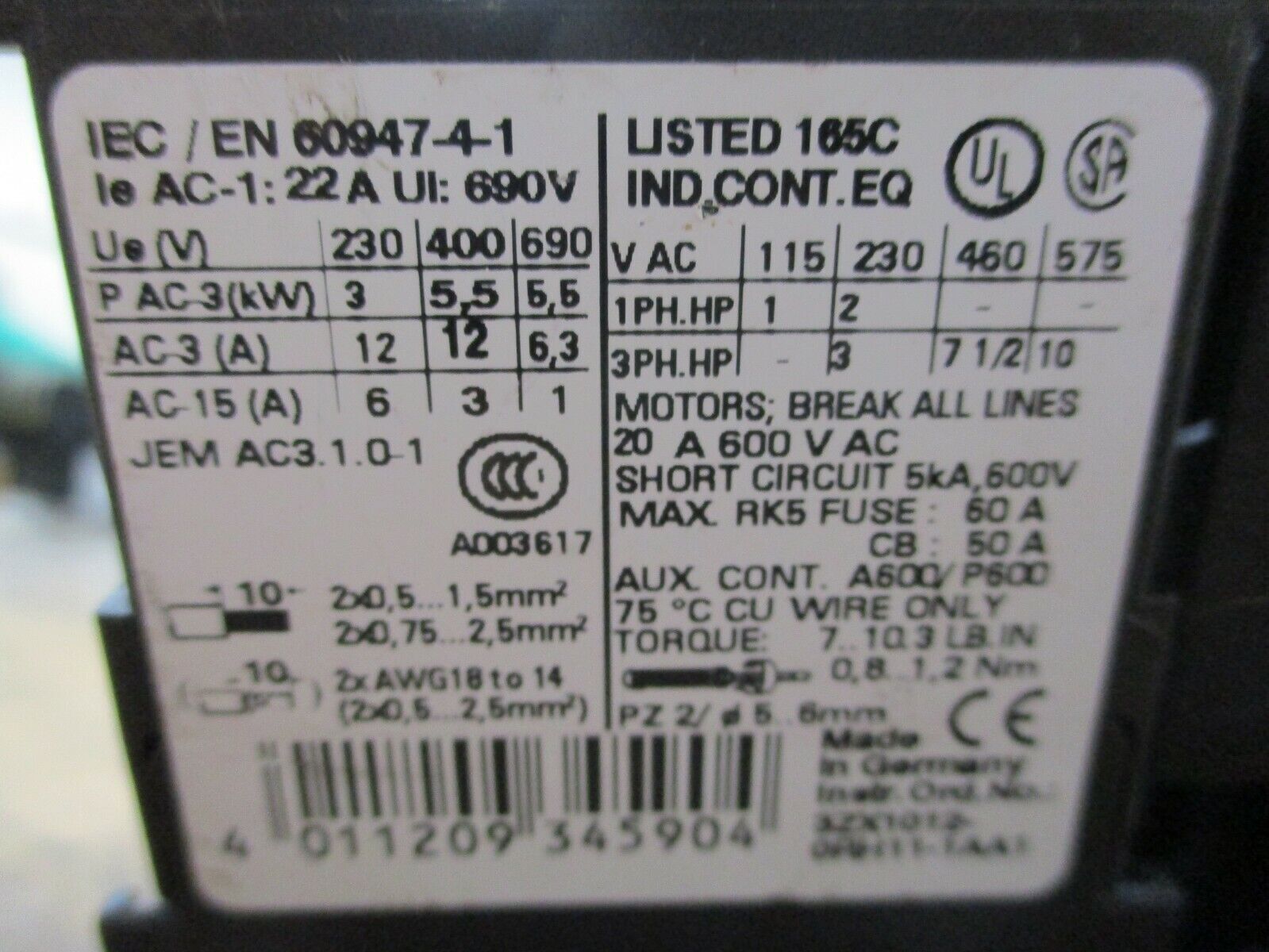 Siemens Sirius Starter 3RT1017-1AK61/3RV1021-1EA10 120V Coil Trip: 2.8-4A Used