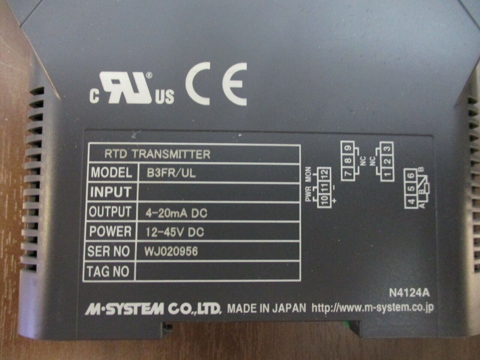 M-System Co. RTD Transmitter Part #: B3FR/UL Output: 4-20mA DC Power: 12-45VDC