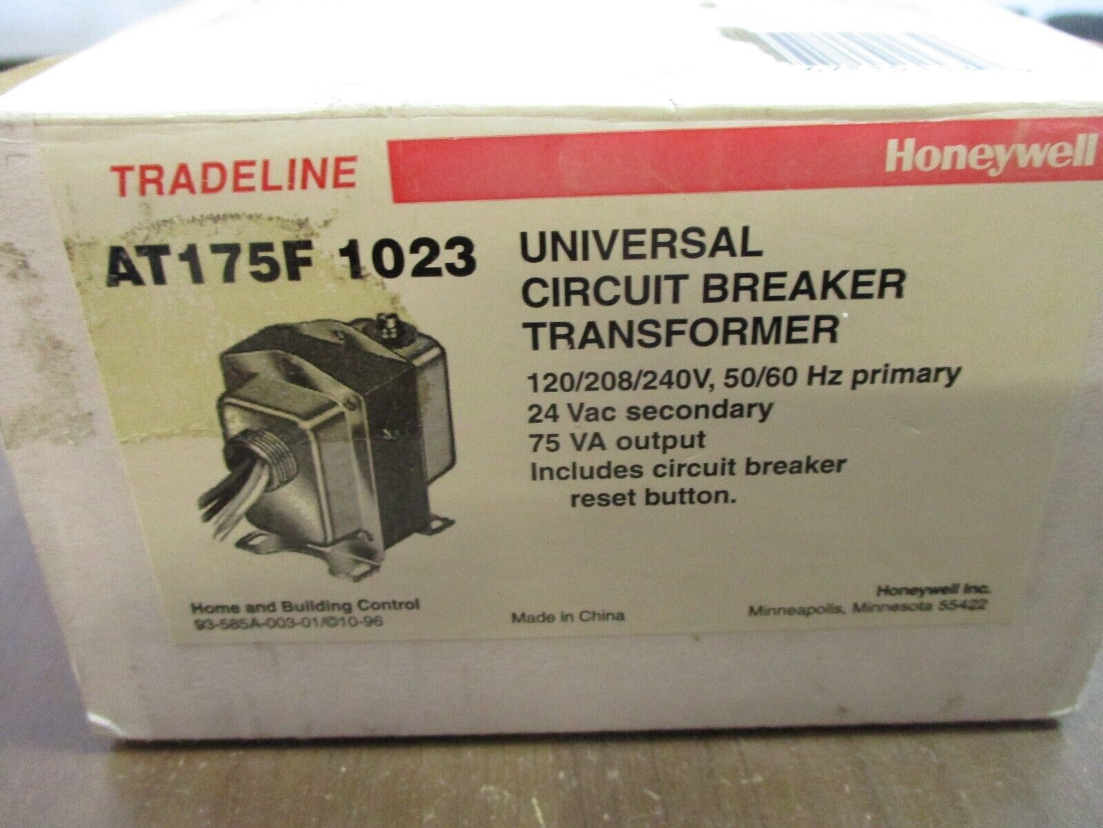 Honeywell Tradeline Circuit Breaker Transformer AT175F 1023 75VA Sec: 24V