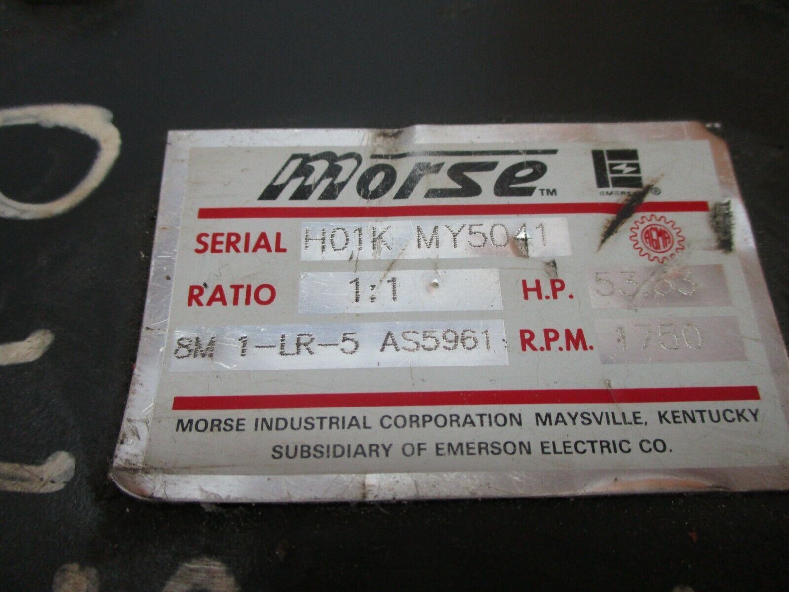 Emerson Morse Spiral Bevel Reducer 8M 1-LR-5 AS5961 Ratio 1:1 53.33HP In 1800RPM