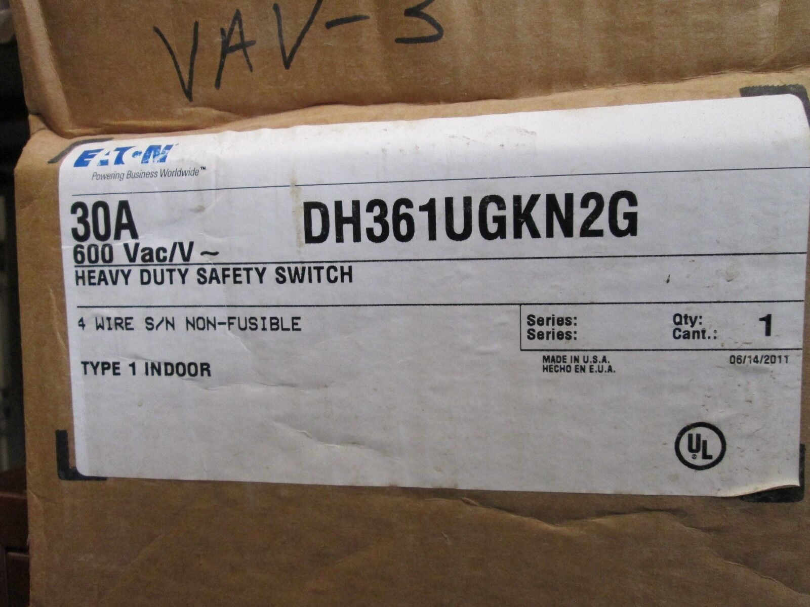 Cutler-Hammer Non-Fusible Safety Switch DH361UGKN2G 30A 600V 3P New Surplus