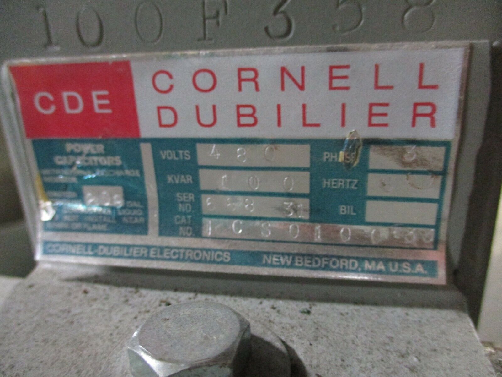 Cornell Dubilier Capacitor ICS0100F33 100KVAR 480V 3Ph 60Hz Used
