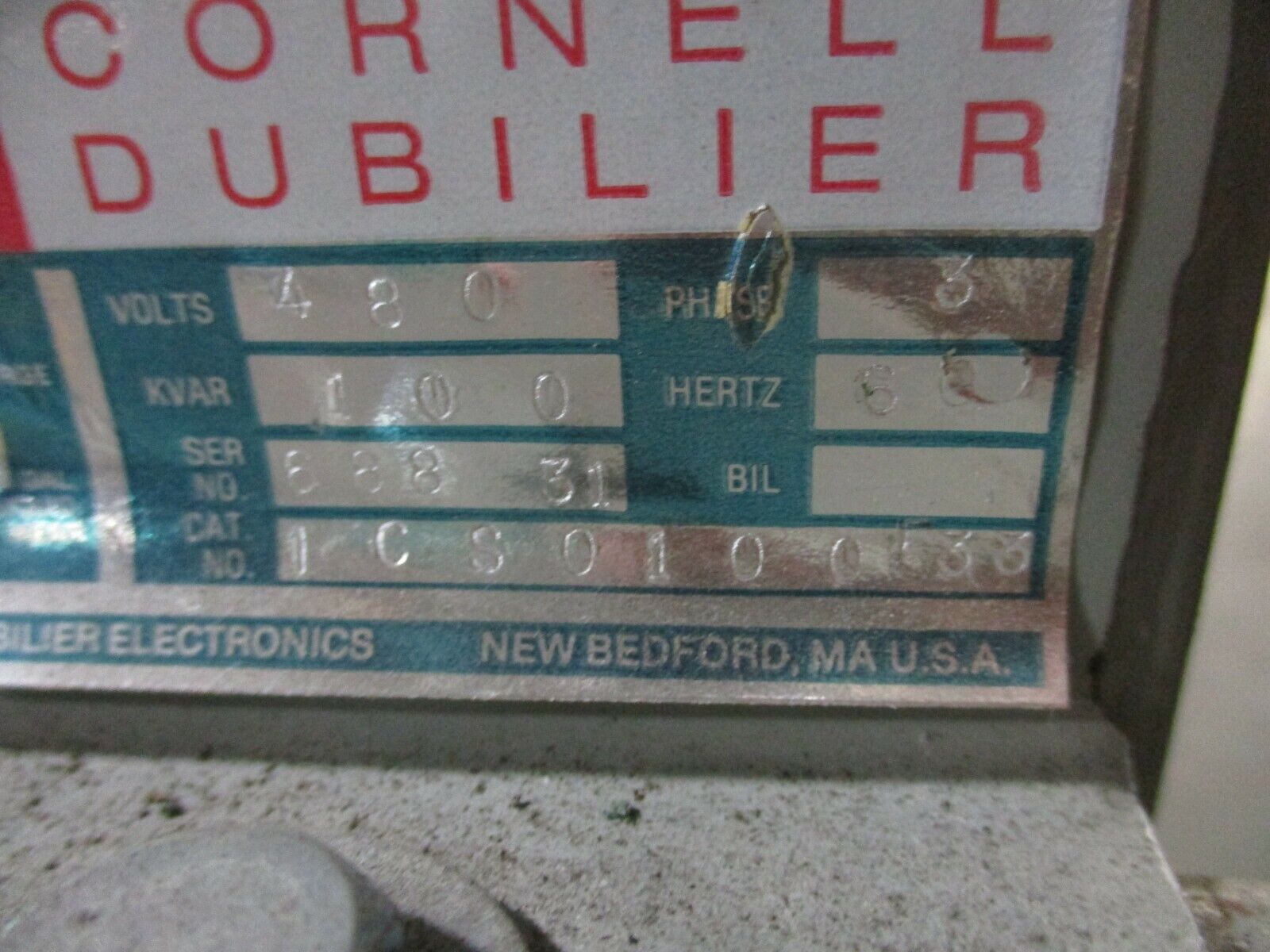 Cornell Dubilier Capacitor ICS0100F33 100KVAR 480V 3Ph 60Hz Used