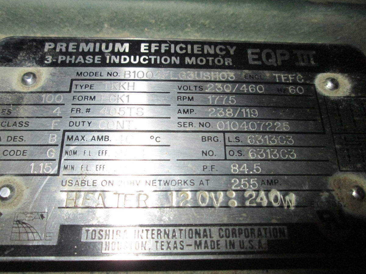 Toshiba Motor B1004FLG3USH03 100HP Frame 405TS Type TKKH Enclosure TEFC