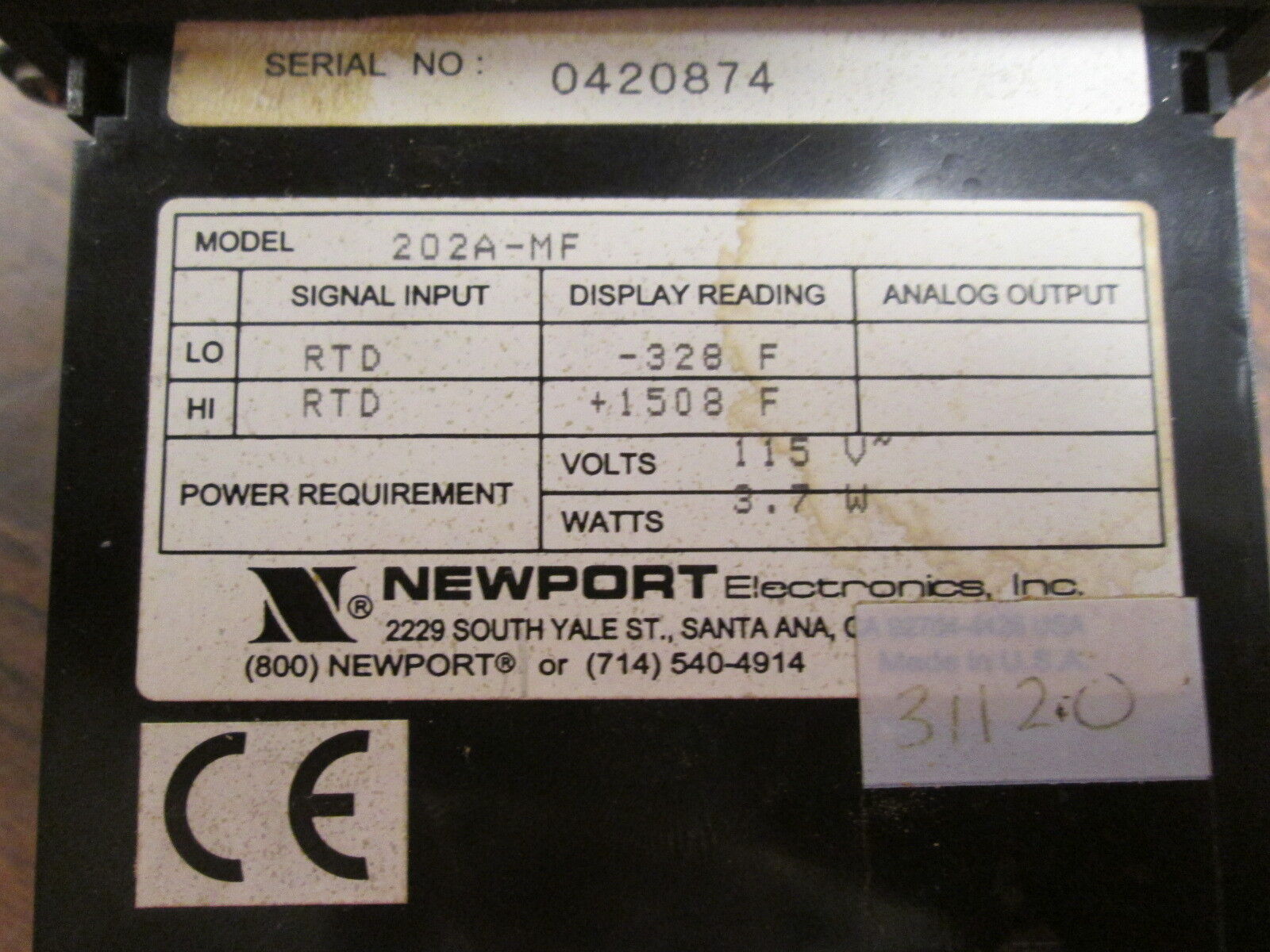 Newport Process Meter 202A-MF 115V 3.7W Range: -328 - +1508°F Used