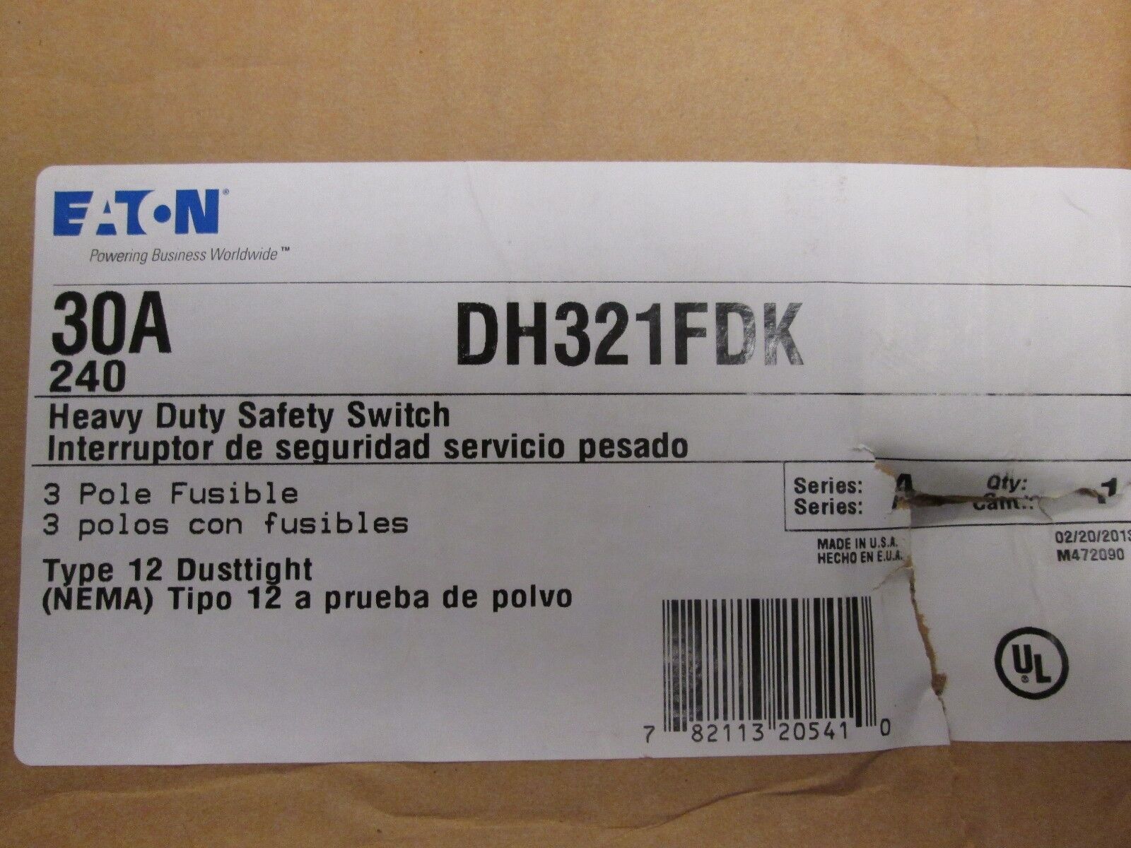Cutler-Hammer Fusible Safety Switch DH321FDK 30A 240V 3P nema 12/3R enclosure