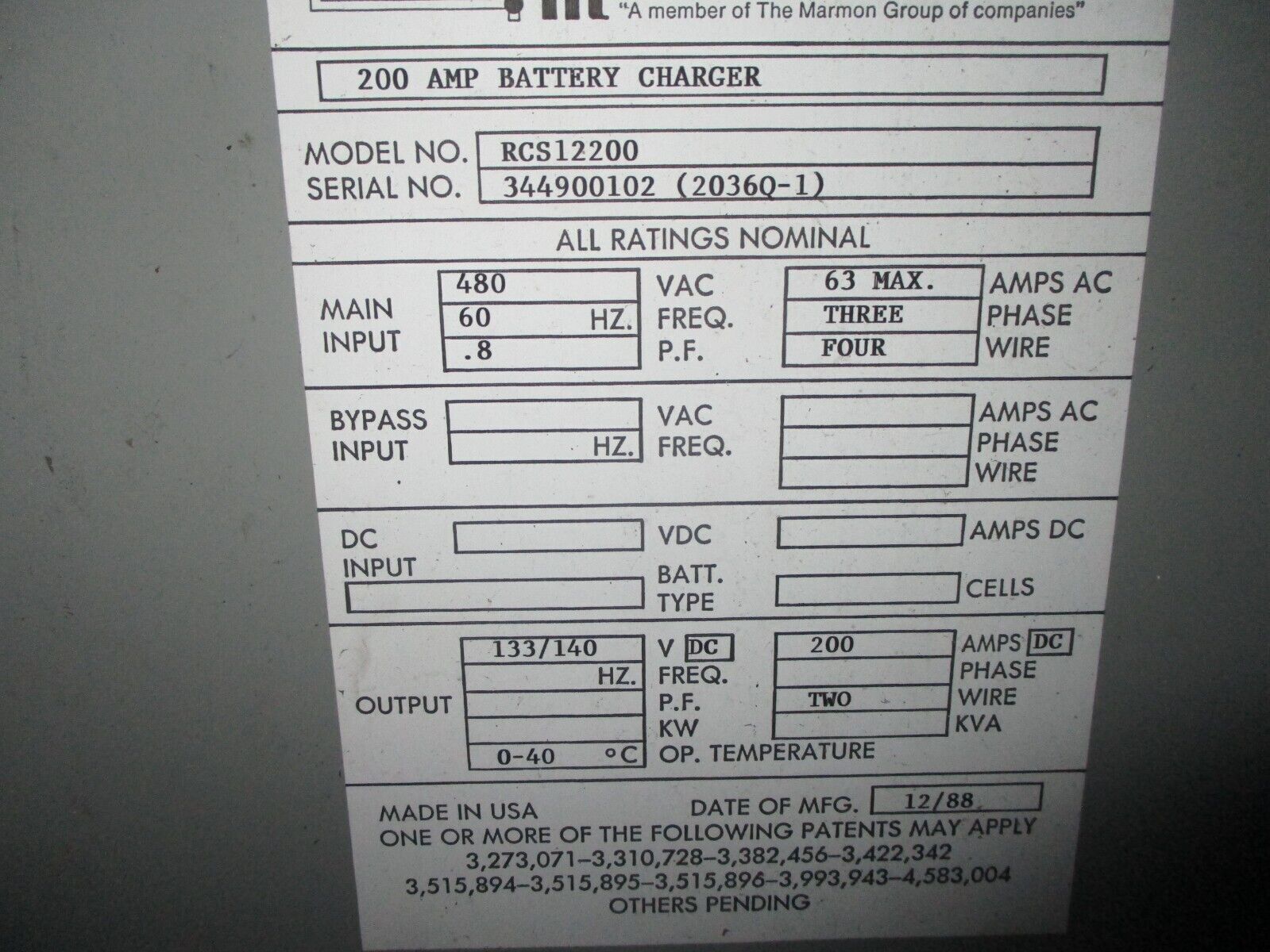 SCI Battery Charger RCS12200 200A Input: 480VAC 60Hz 63A 3Ph 4W Used