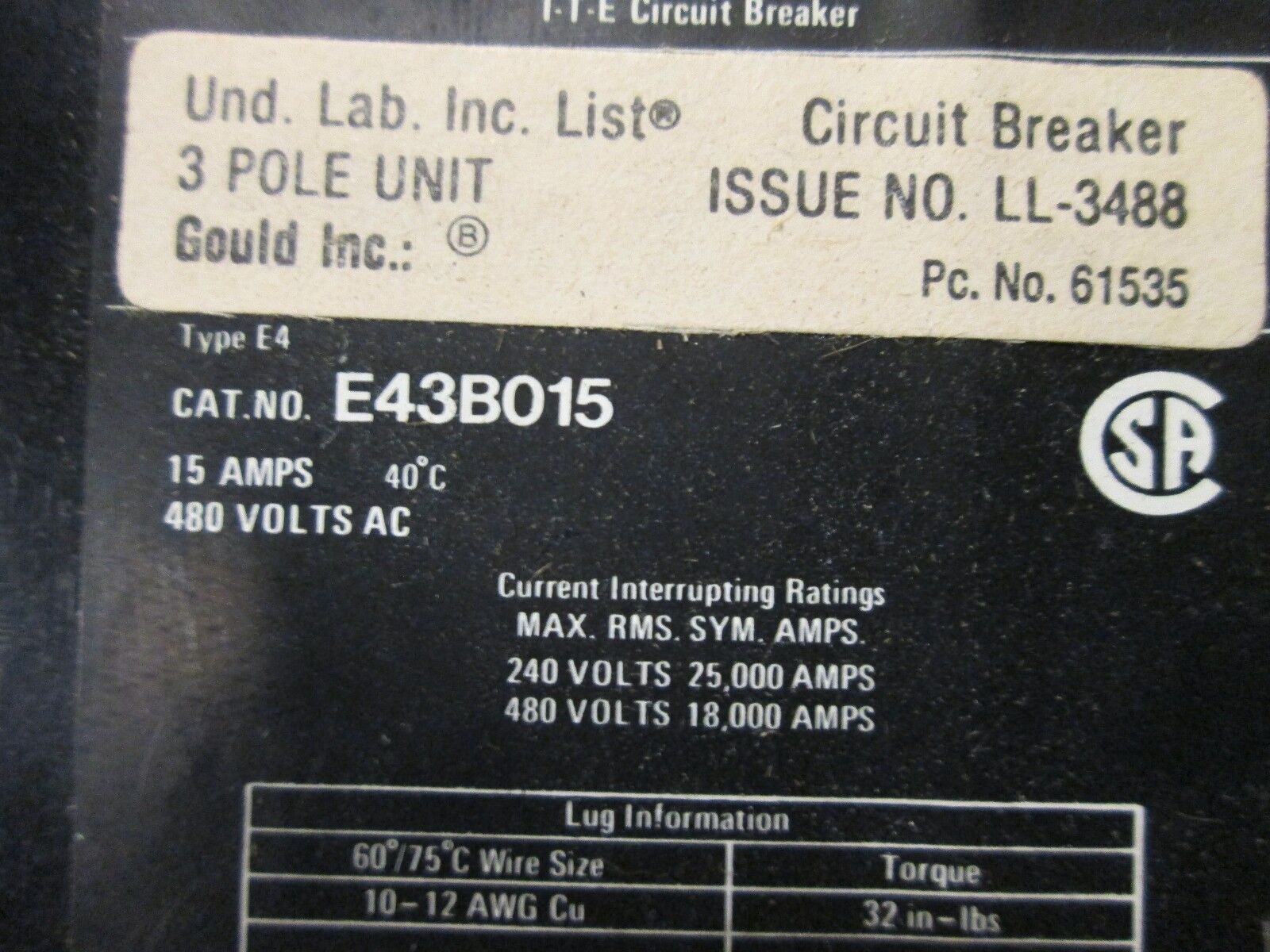 Gould Circuit Breaker, E43B015, Frame E4, 15A 480V 3P, New