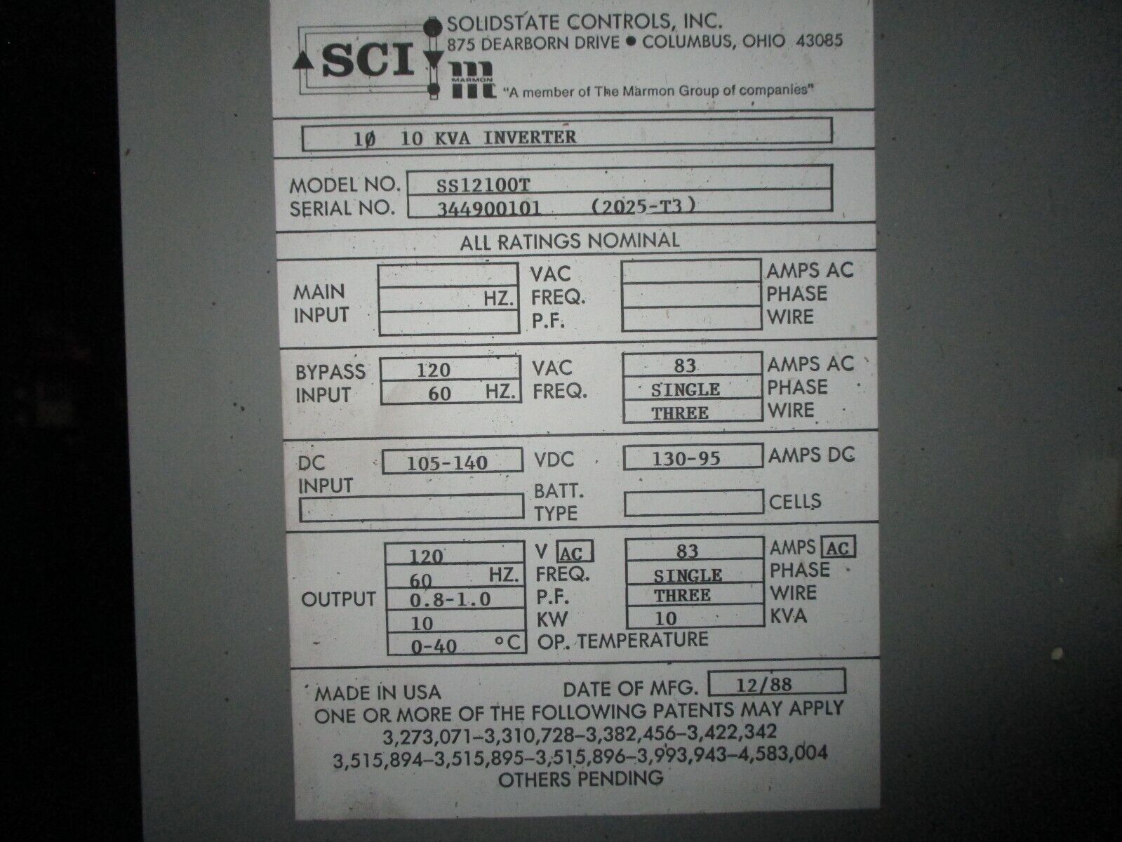 SCI 10 KVA Inverter SS12100T Input: 105-140VDC 130-95A Used