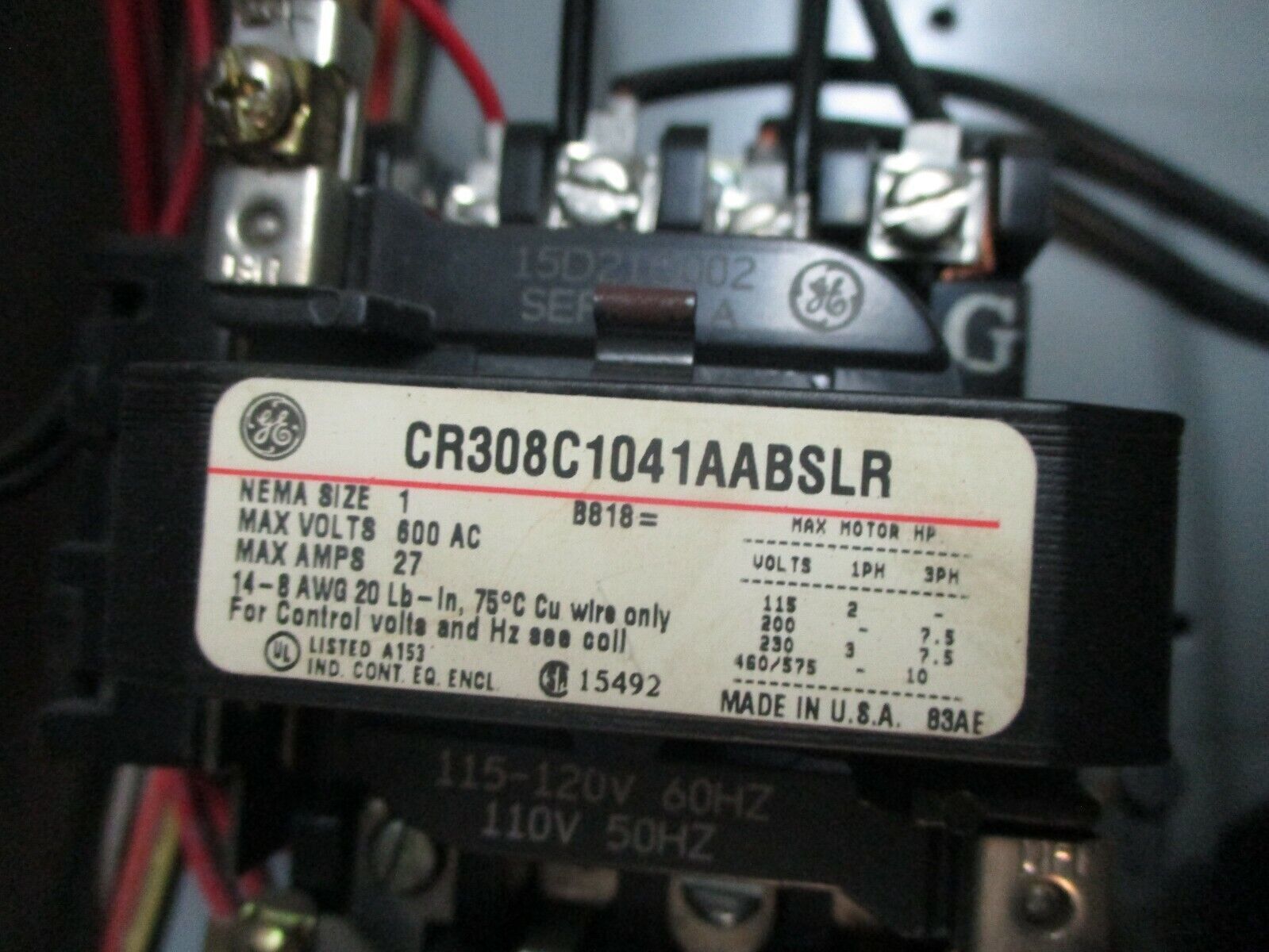GE Non-Fusible Size 1 Combination CR308C1041AABSLR 115-120V Coil 27A 600V Used