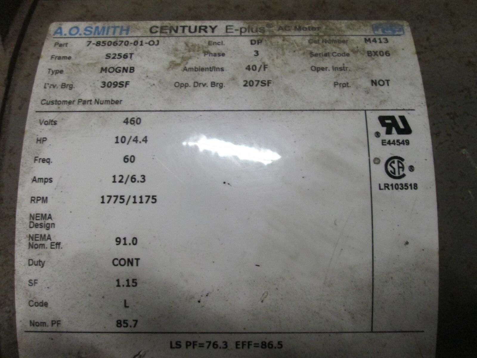 A. O. Smith Motor M413 10HP/4.4HP 1775/1175 RPM 460V Used