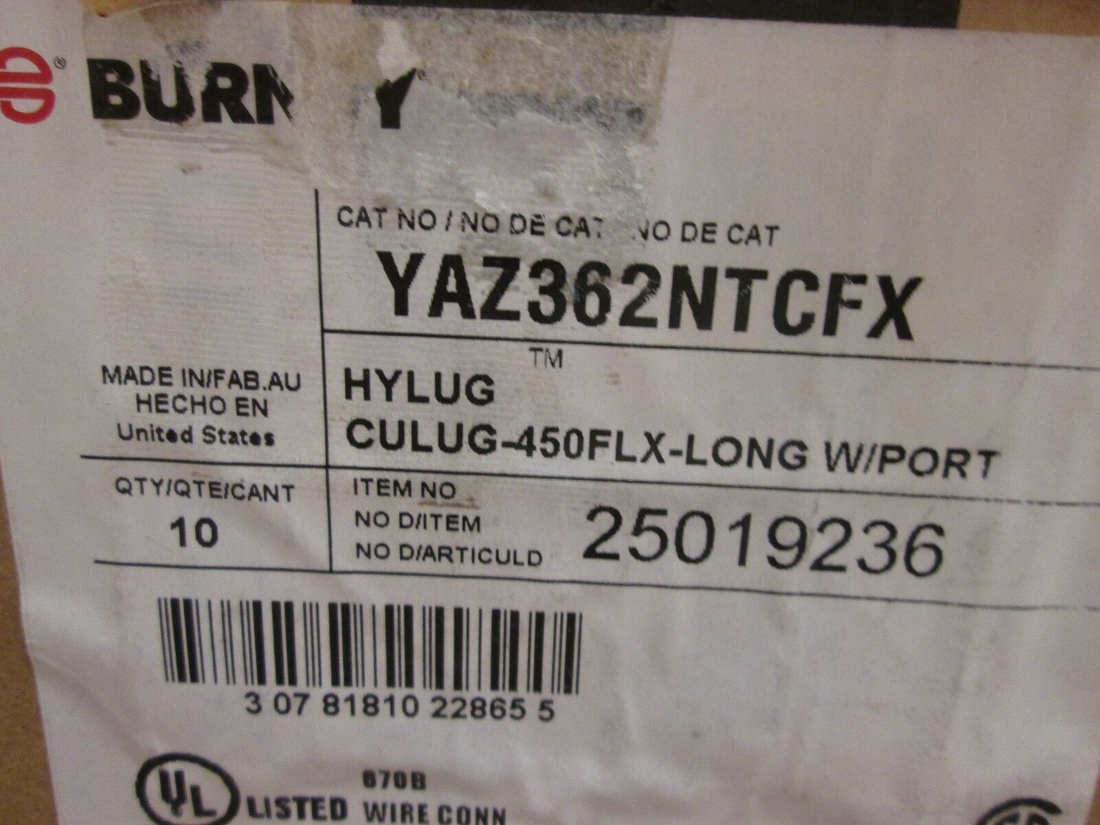 Burndy Hylug Crimp Lug YA2362NTCFX CULUG 450FLX Long w/ Port *Box of 10*