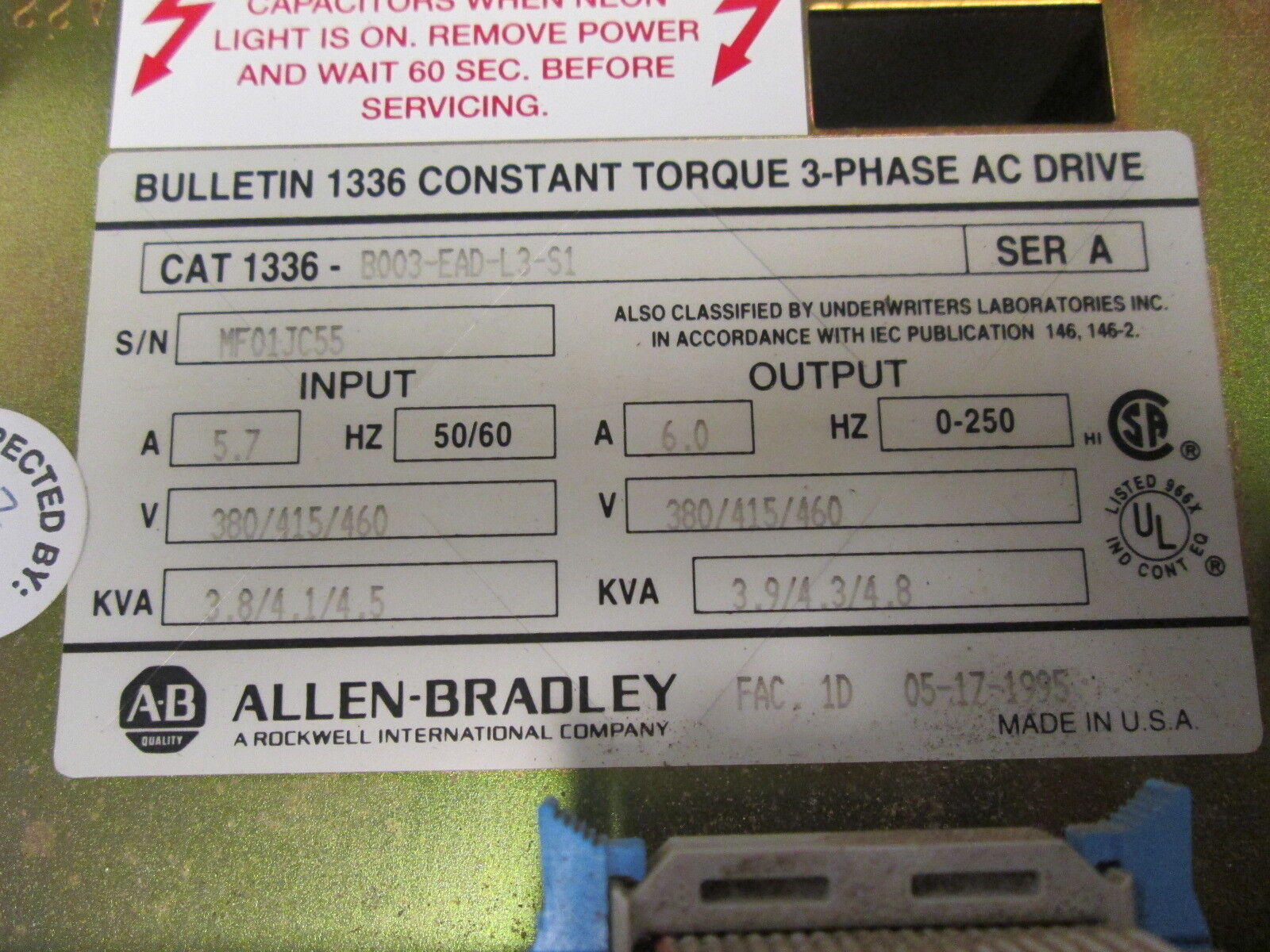 Allen-Bradley 1336 AC Drive 1336-B003-EAD-L3-S1 3HP *No Cover Screw* Used