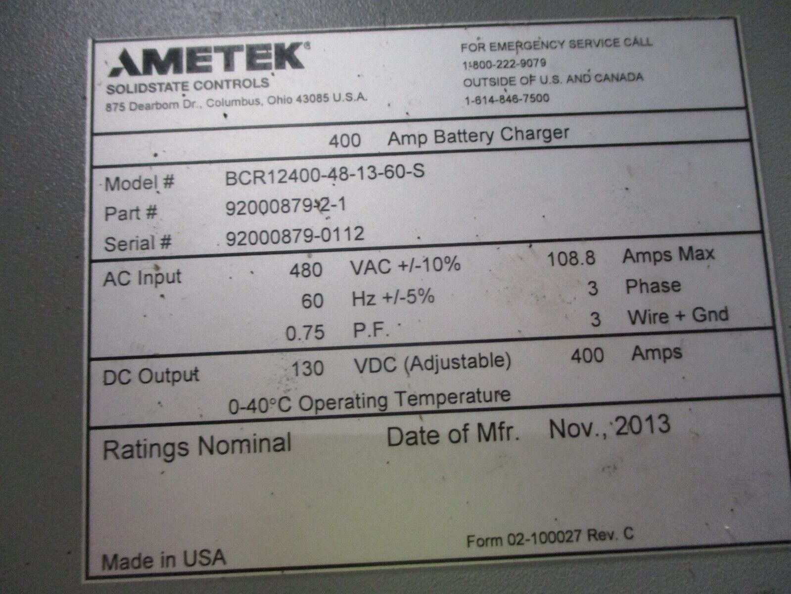 Ametek Battery Charger BCR12400-48-13-60-S 400A Output: 130VDC 400A Used