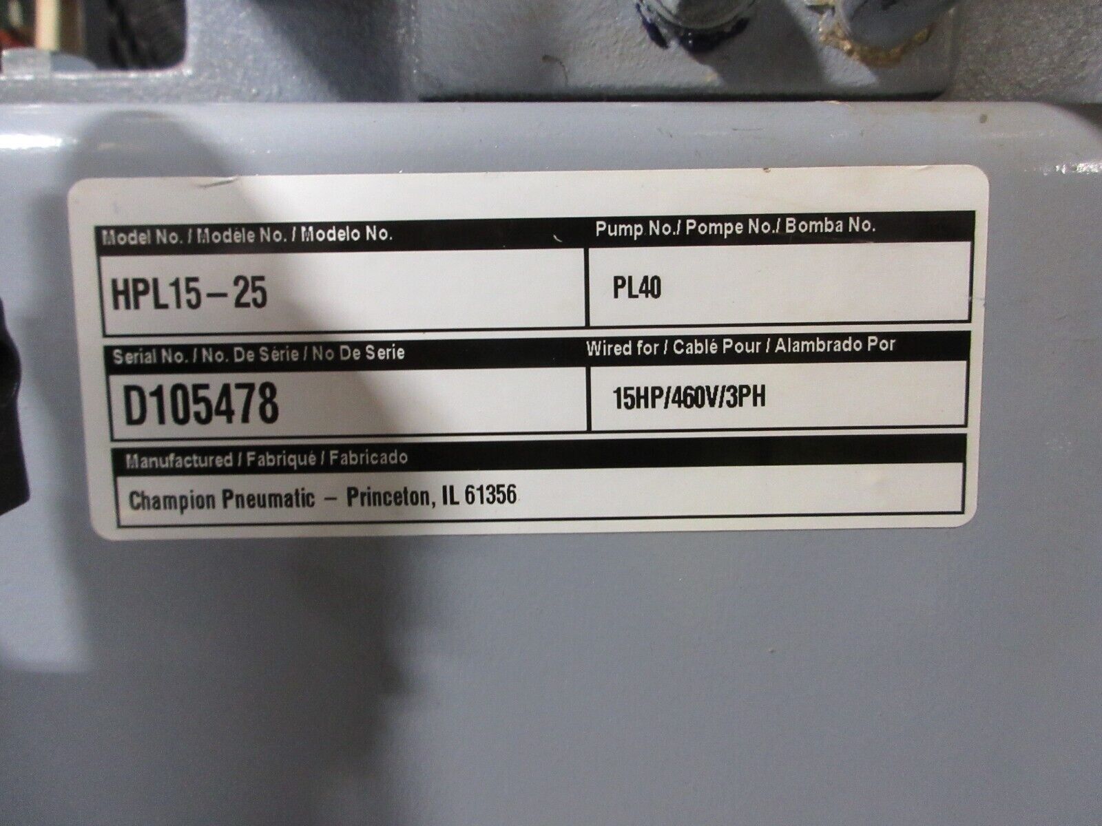 Gardner Denver Reciprocating Compressor HPL15-25 15HP 460V 60Hz 120-Gallon Tank