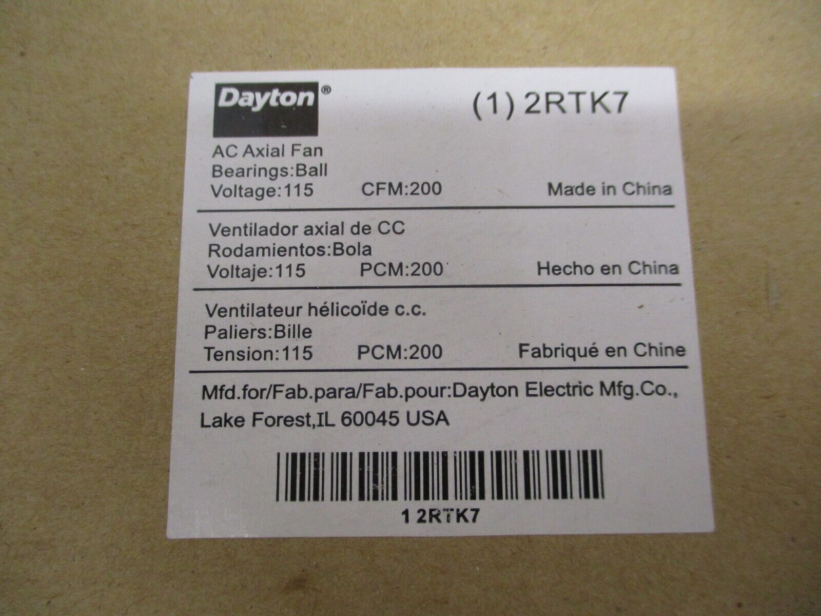 Dayton AC Axial Fan 2RTK7 115V 200 CFM New Surplus
