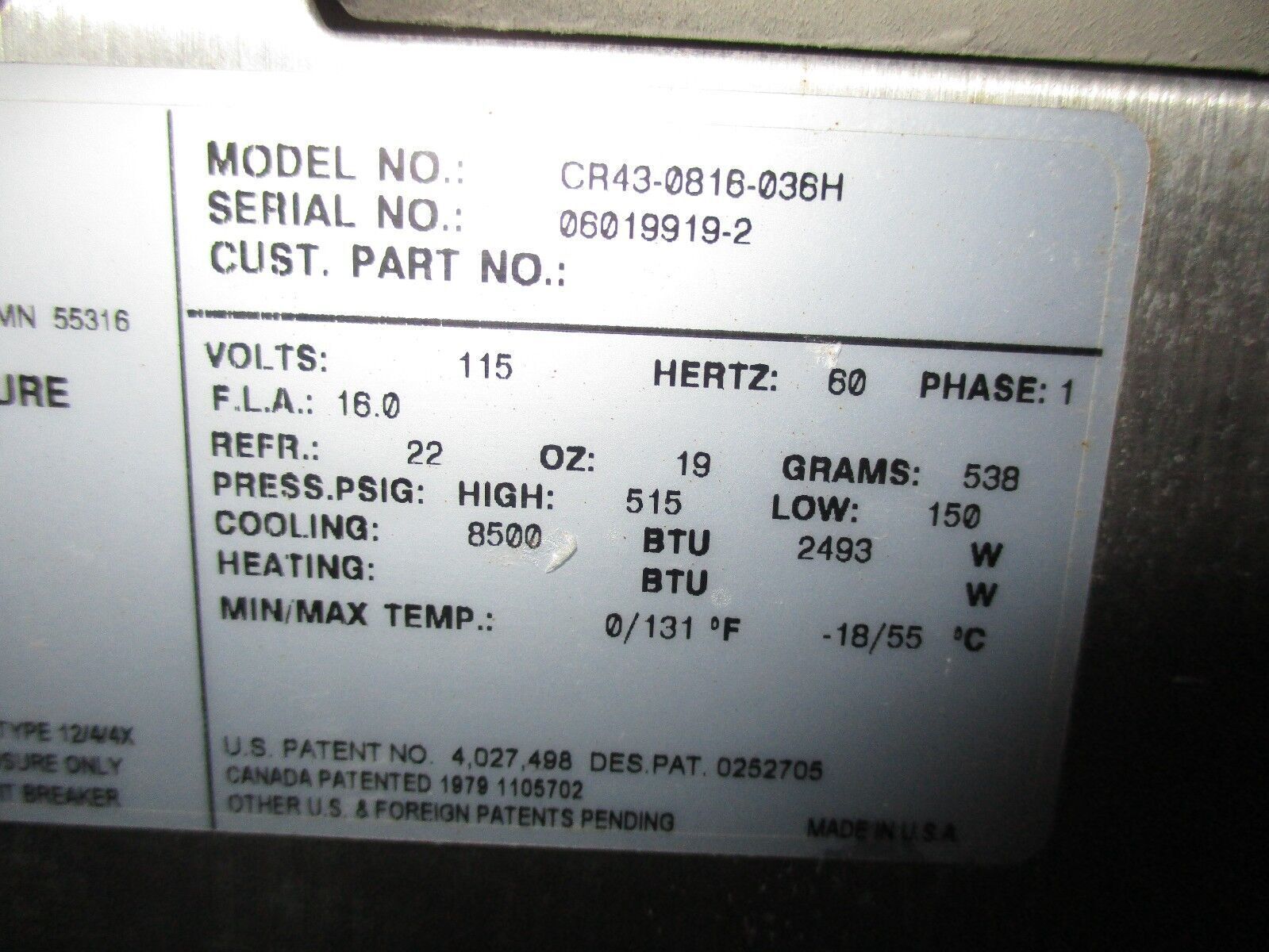 Hoffman / McLean Stainless Steel Enclosure w/ Air Conditioner A48H3616SSGLP3PT