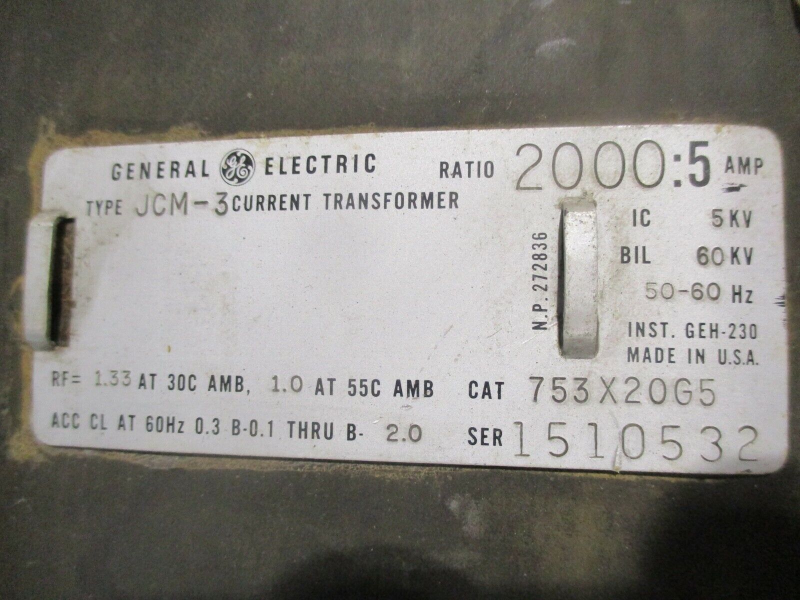 GE Type JCM-3 Current Transformer 753X20G5 Ratio 2000:5A 5KV 60KV BIL 50-60Hz