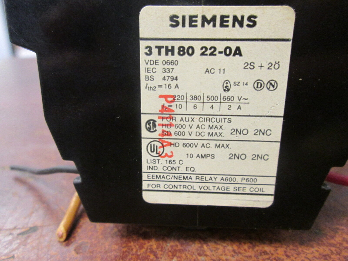 Siemens Contactor 3TH80 22-0A 264V Coil 10A 600V Used