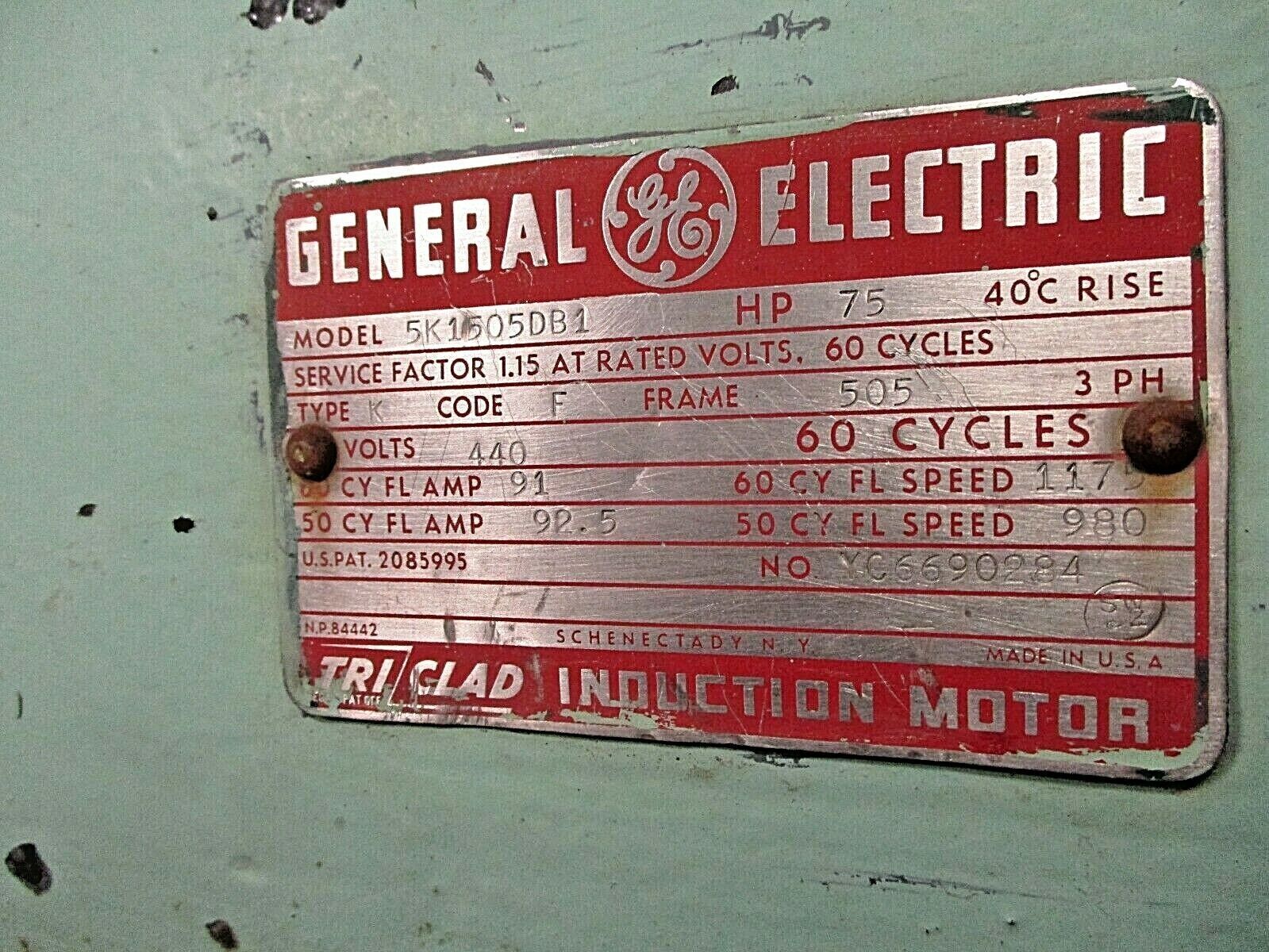 GE Induction Motor 5K1505DB1 75HP 440V 3Ph 60Hz Used