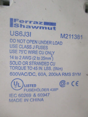 Ferraz Shawmut Fuseholder US6J3I 60A 600V 3P Used