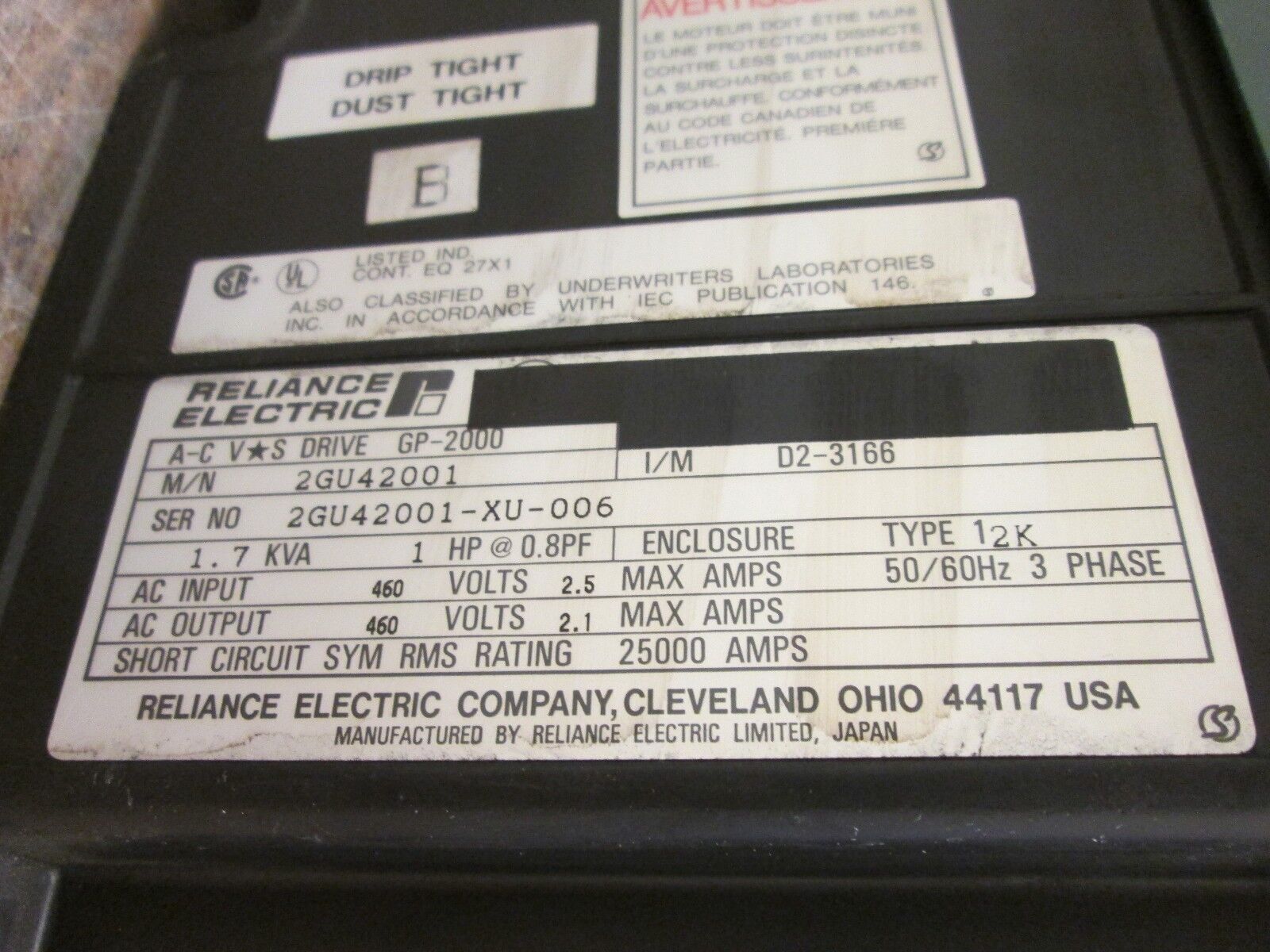 Reliance VS GP-2000 AC Drive 2GU42001 1HP Used