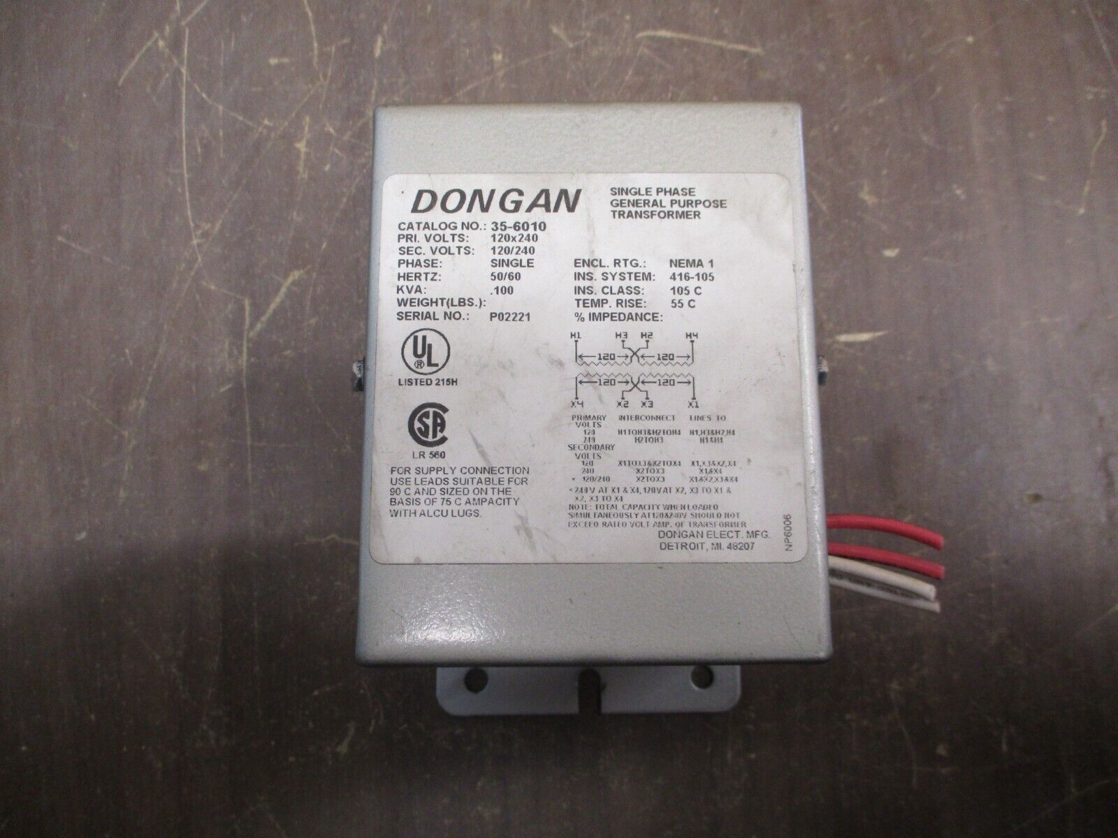 Dongan Transformer 35-6010 0.100kVA Pri: 120/240V Sec: 120/240V 1Ph 50/60Hz Used