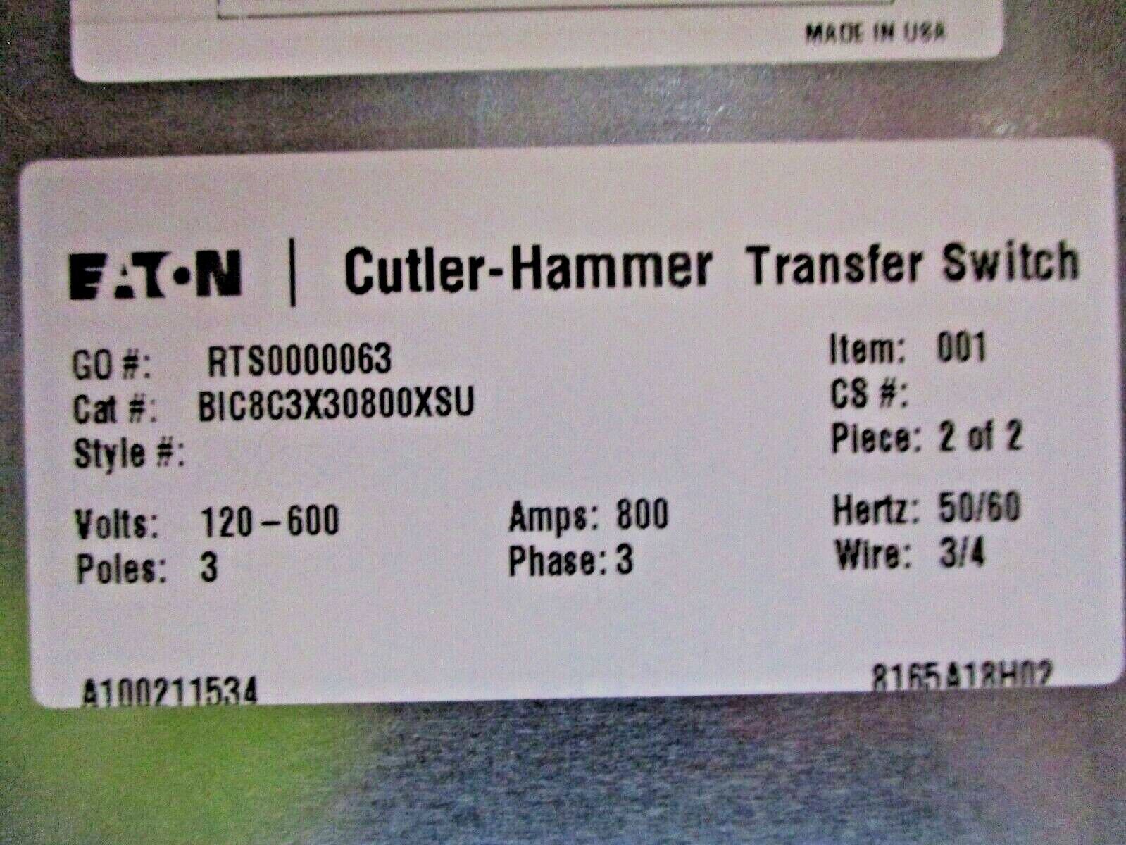 CAT / Eaton Bypass Isolation Automatic Transfer Switch BIC8C3X30800XSU 800A Used