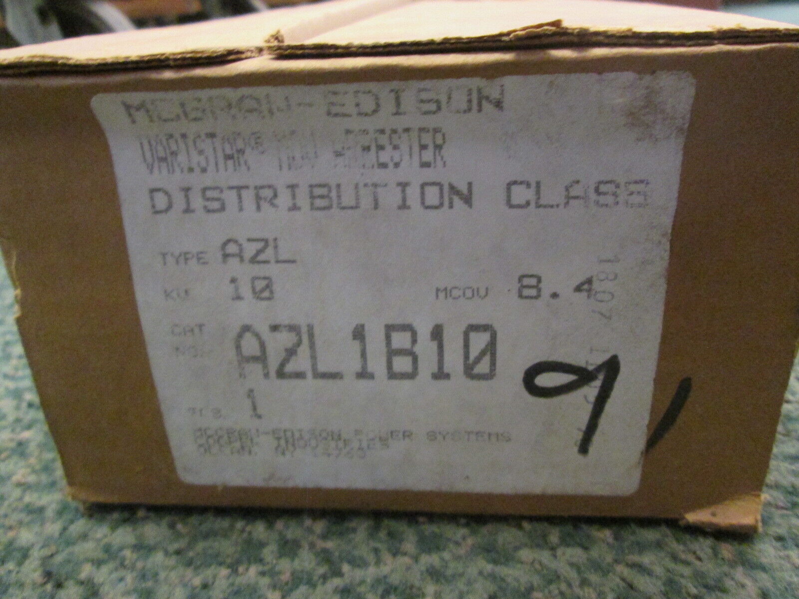 McGraw-Edison Varistar MOV Arrester AZL1B10 10kv MCOV: 8.4 New Surplus