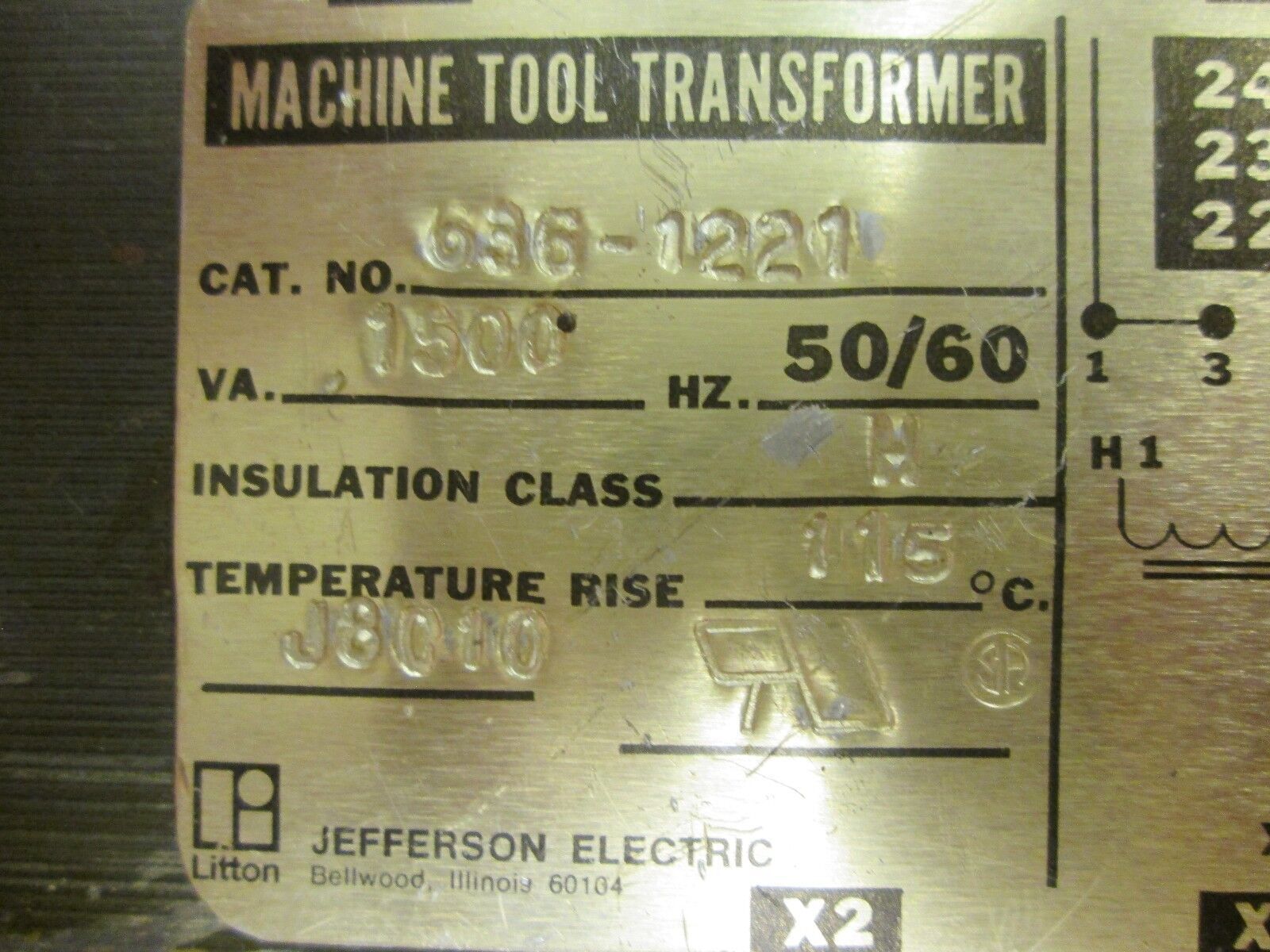 Jefferson Electric Machine Tool Transformer 636-1221 1.5KV Pri 240/480V Sec 120V