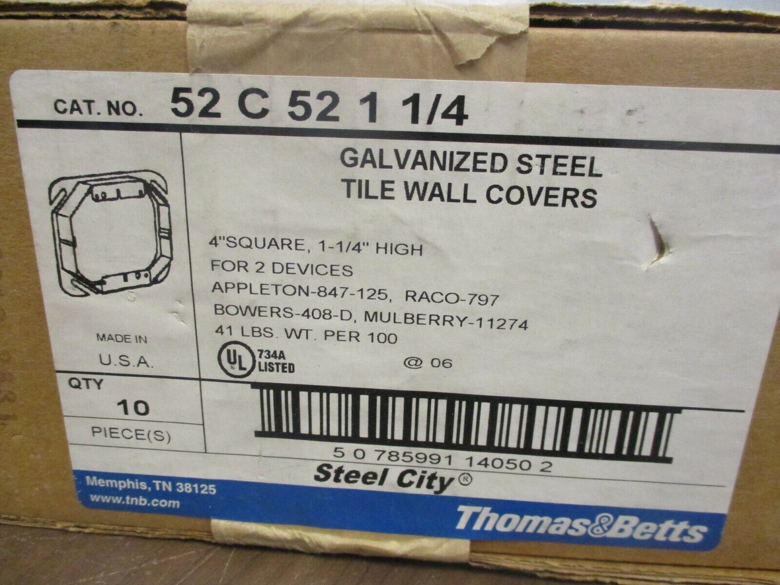 Thomas & Betts Tile Wall Cover 52 C 52 1 1/4 Galvanized Steel 4" Square New Surp