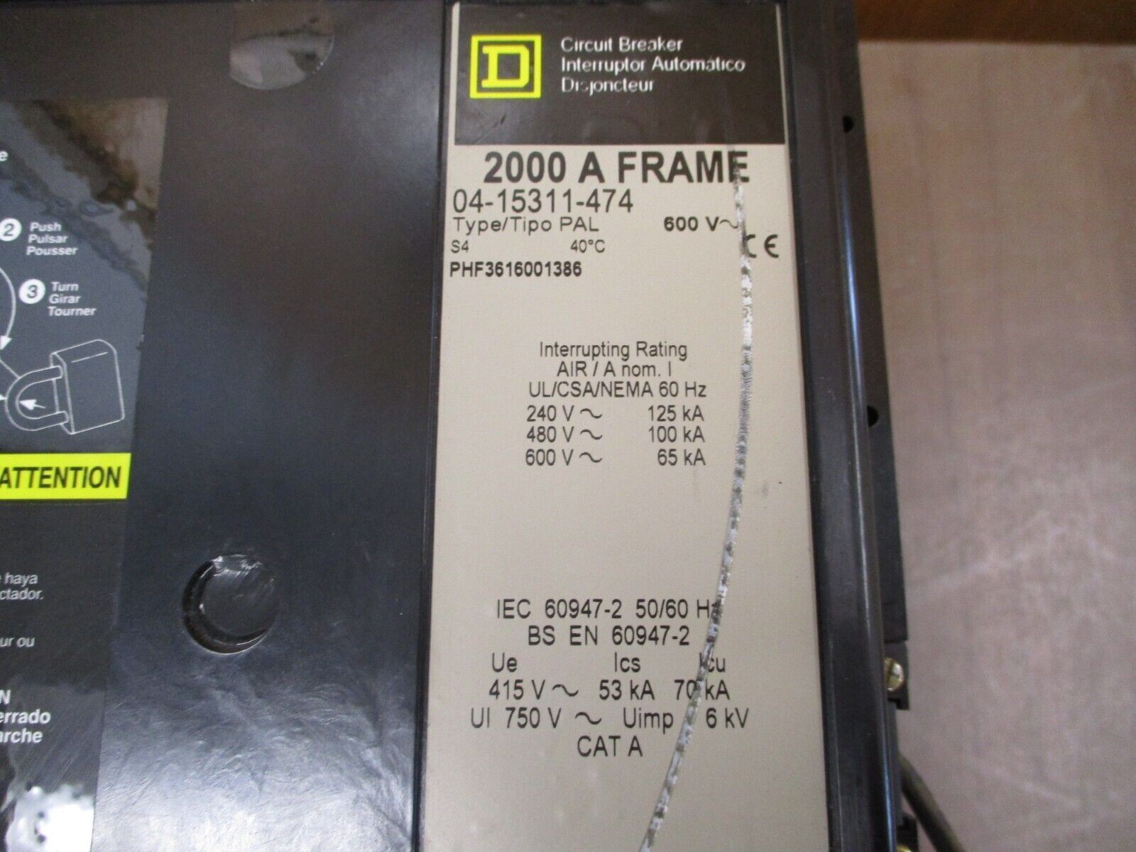 Square D Circuit Breaker PHF3616001386 1600A 600V Used