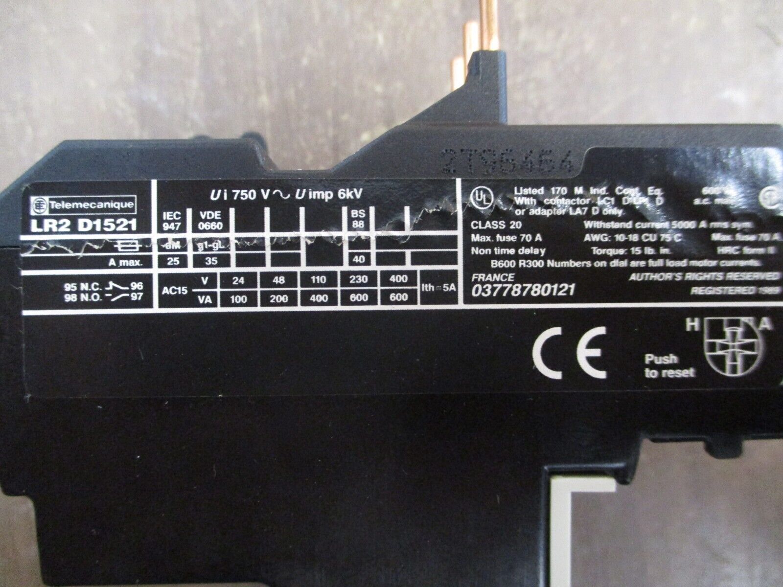 Telemecanique Solid State Overload LR2 D1521 Trip: 12-18A 600V Used