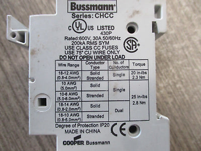 Cooper Bussmann Fuseholder CHCC1 30A 600V 1P *Lot of 2* Used