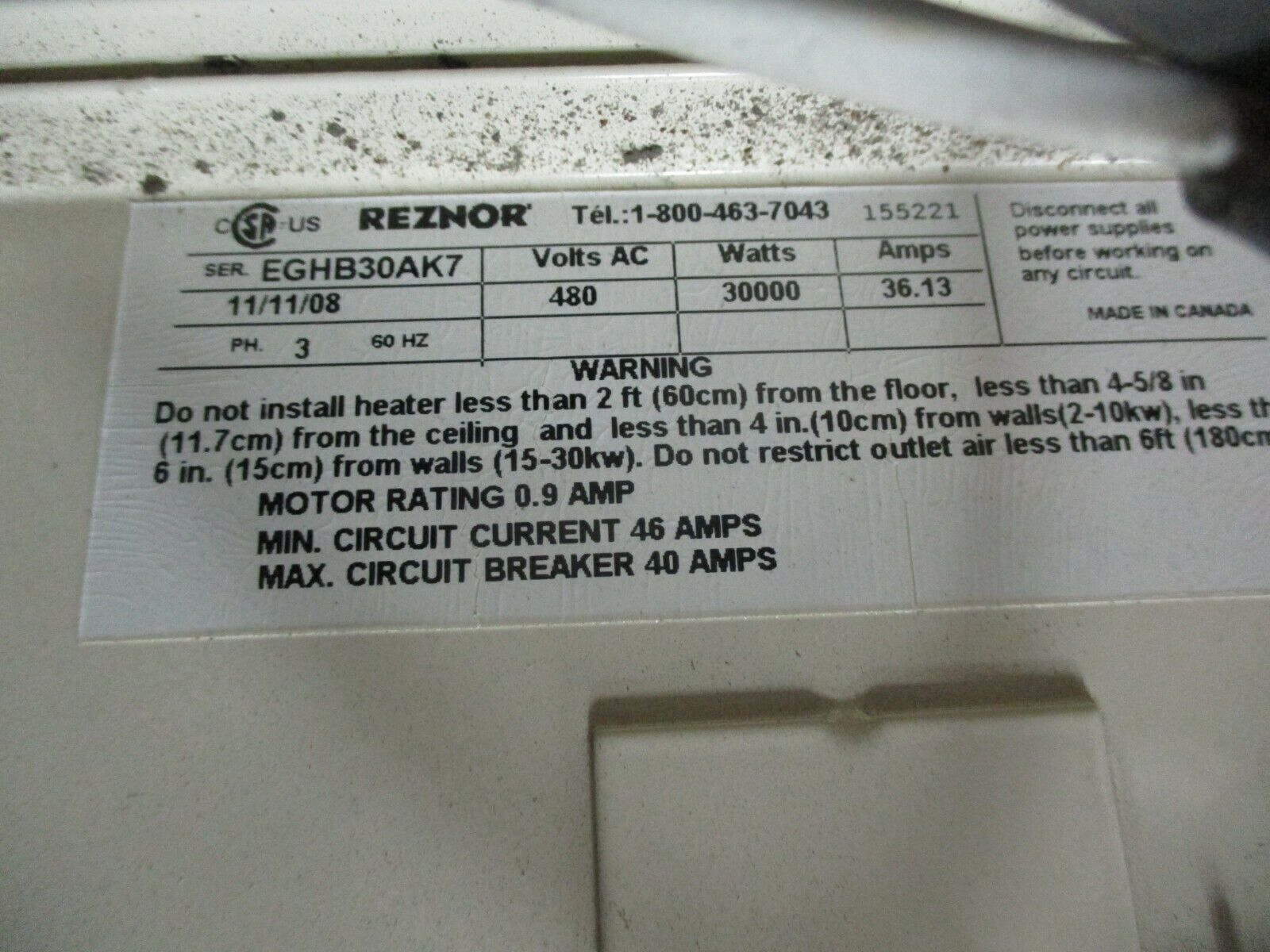 Reznor Electric Unit Heater EGHB-30 30KW 480V 36.13A 3Ph 60Hz Used