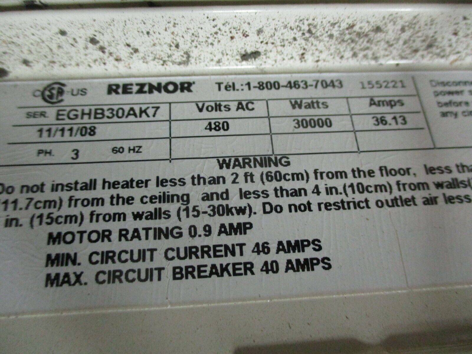 Reznor Electric Unit Heater EGHB-30 30KW 480V 36.13A 3Ph 60Hz Used