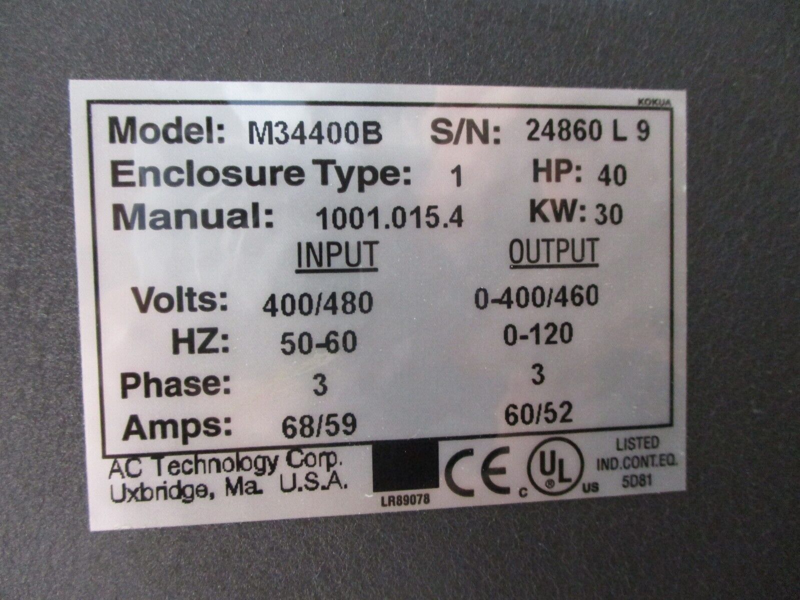 AC Tech MC Series Intelligent AC Drive M34400B 40HP 3Ph Used
