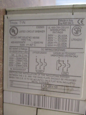 ABB SACE Tmax Breaker Disconnect T1N 70 70A 600V 3P Used