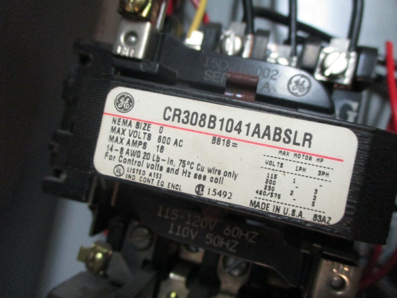 GE Non-Fusible Size 0 Combination CR308B1041AABSLR 115-120V Coil 18A 600V Used