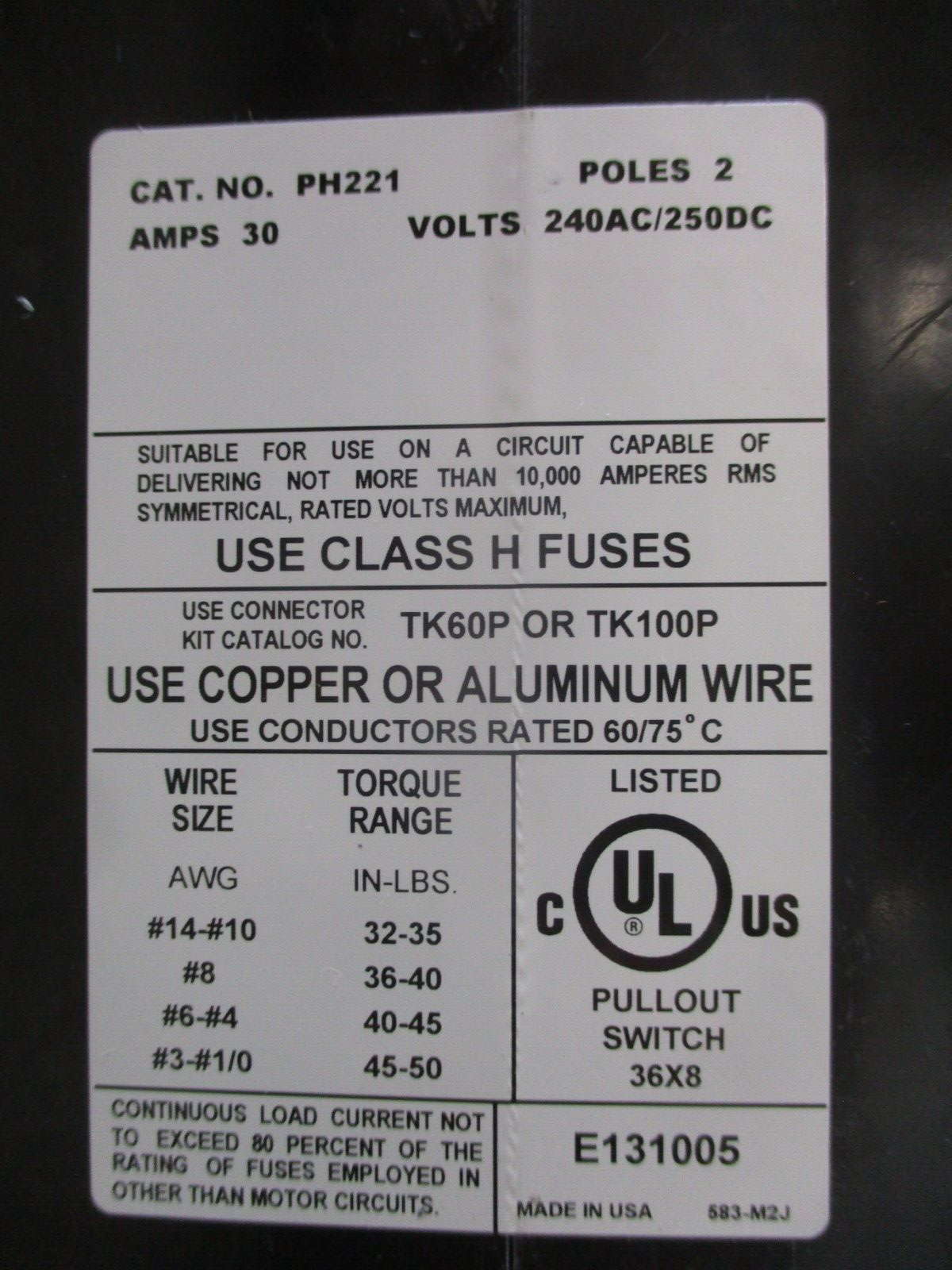 Boltswitch Fuse Pullout Switch PH221 30A 240V 2P Used