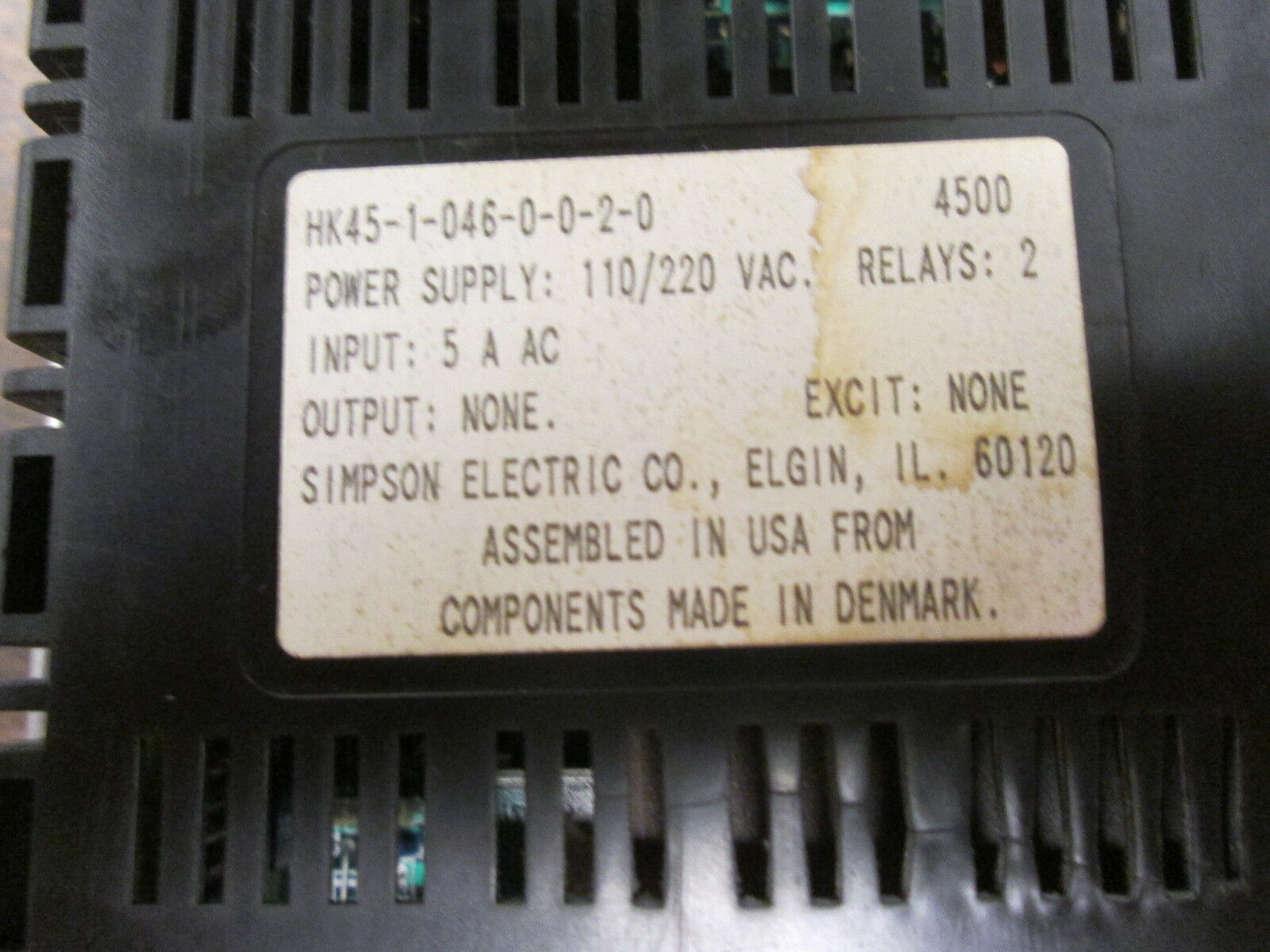 Simpson Electric Digital Meter HK45-1-046-0-0-2-0 Pwr:110/220VAC Input:5A Used