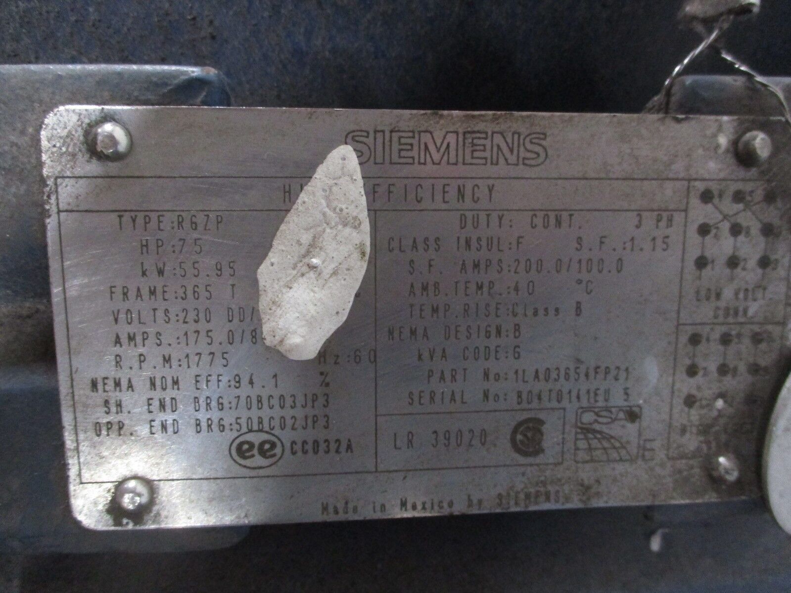 Siemens RGZP AC Motor 1LA03654FP21 75HP 1800RPM 230/460V 175/87.5A 60Hz 3Ph