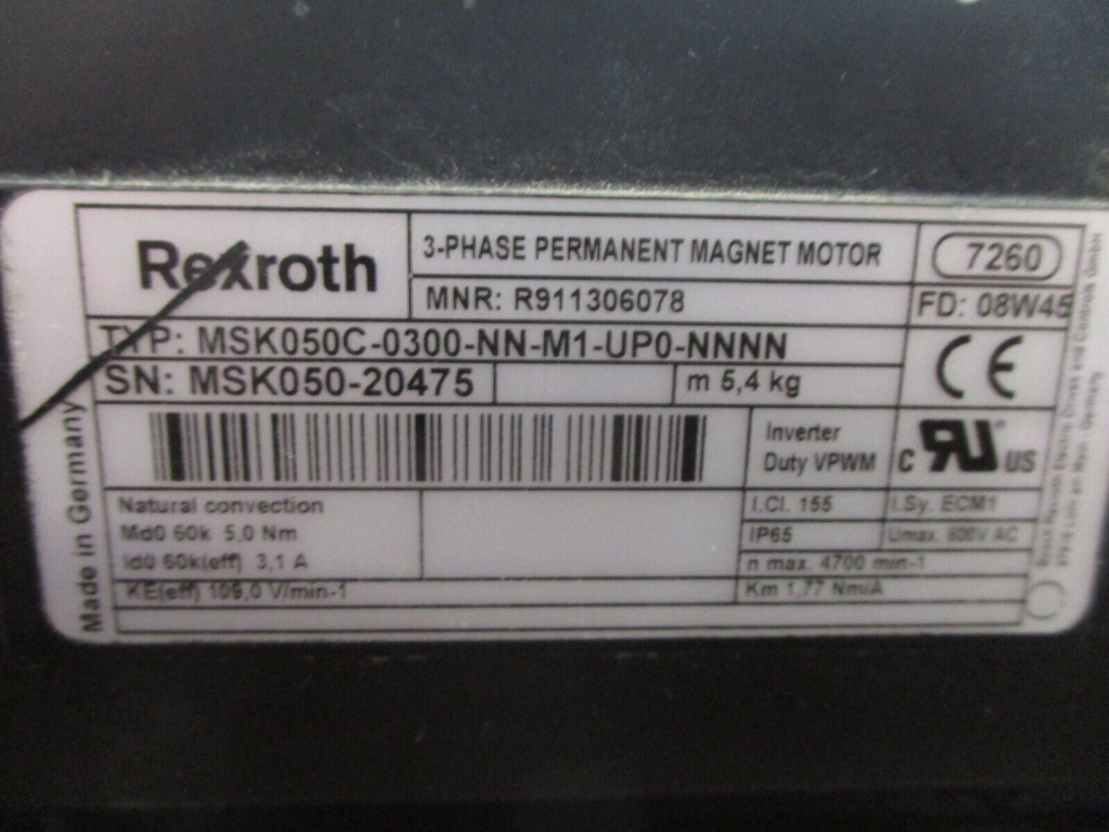 Rexroth Servo Motor MSK050C-0300-NN-M1-UP0-NNNN 3.1A 600V 1.77 Nm/A Used