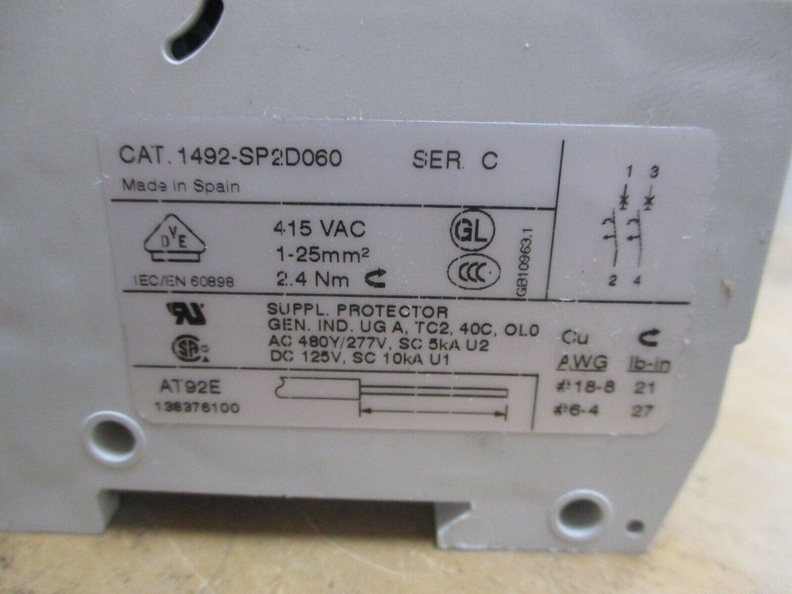 Allen-Bradley Circuit Breaker 1492-SP2D060 Ser. C 6A 2P New Surplus