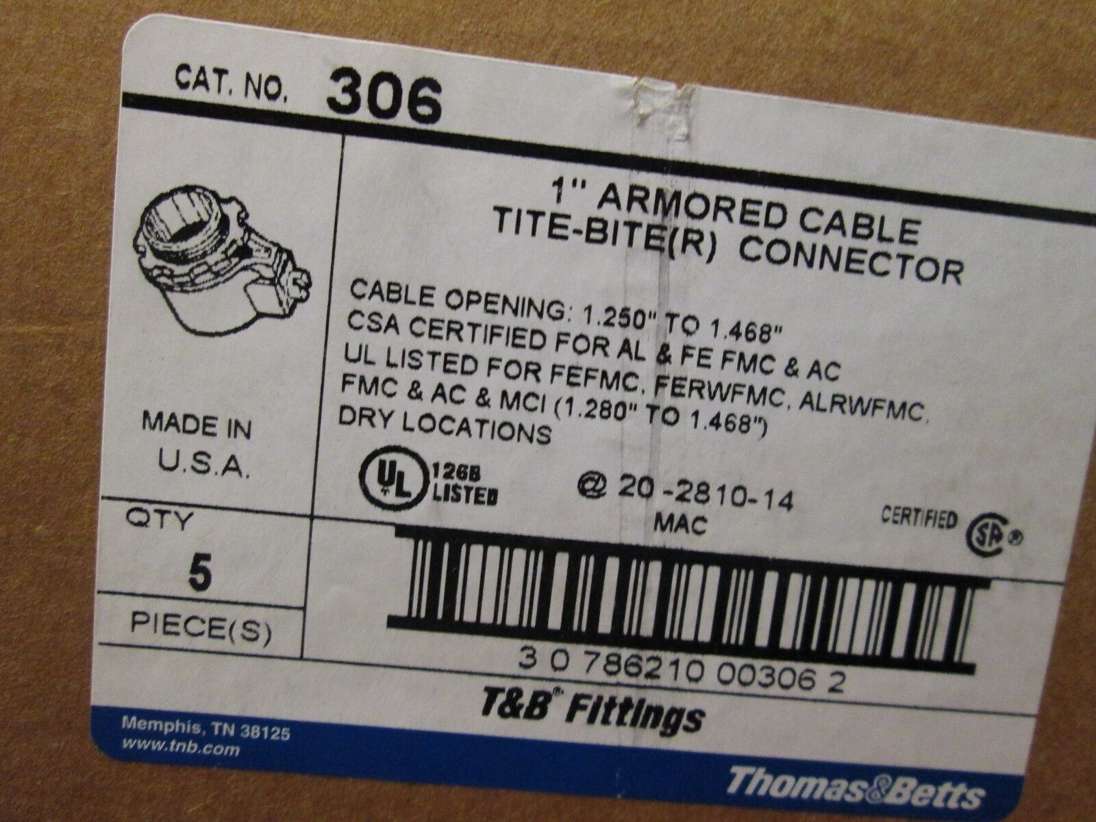 Thomas & Betts 1" Armored Cable Connector 306 *Lot of 5* New Surplus