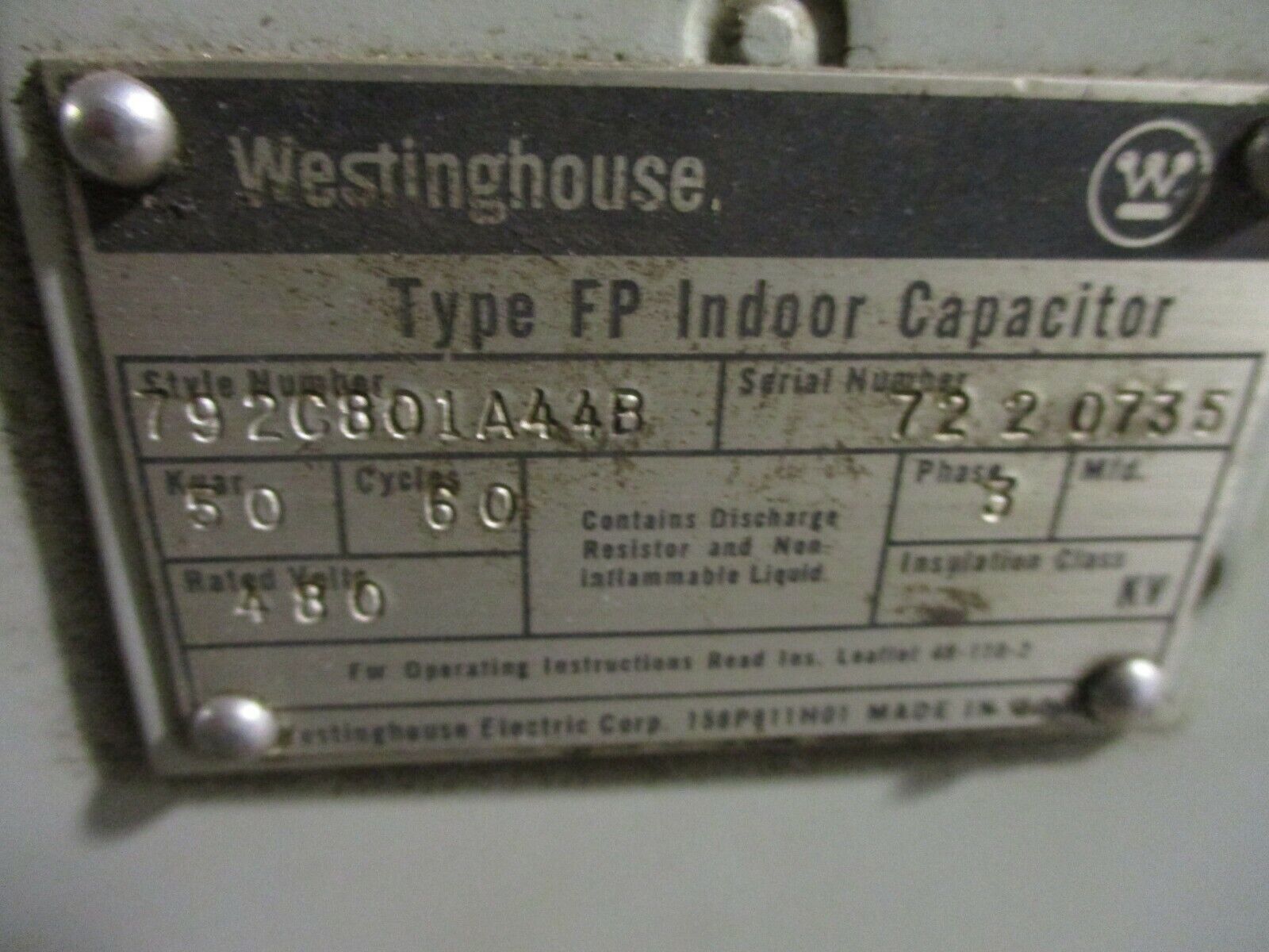 Westinghouse Type FP Capacitor 792C801AAAB 50kVAR 480V 3Ph 60Hz Used